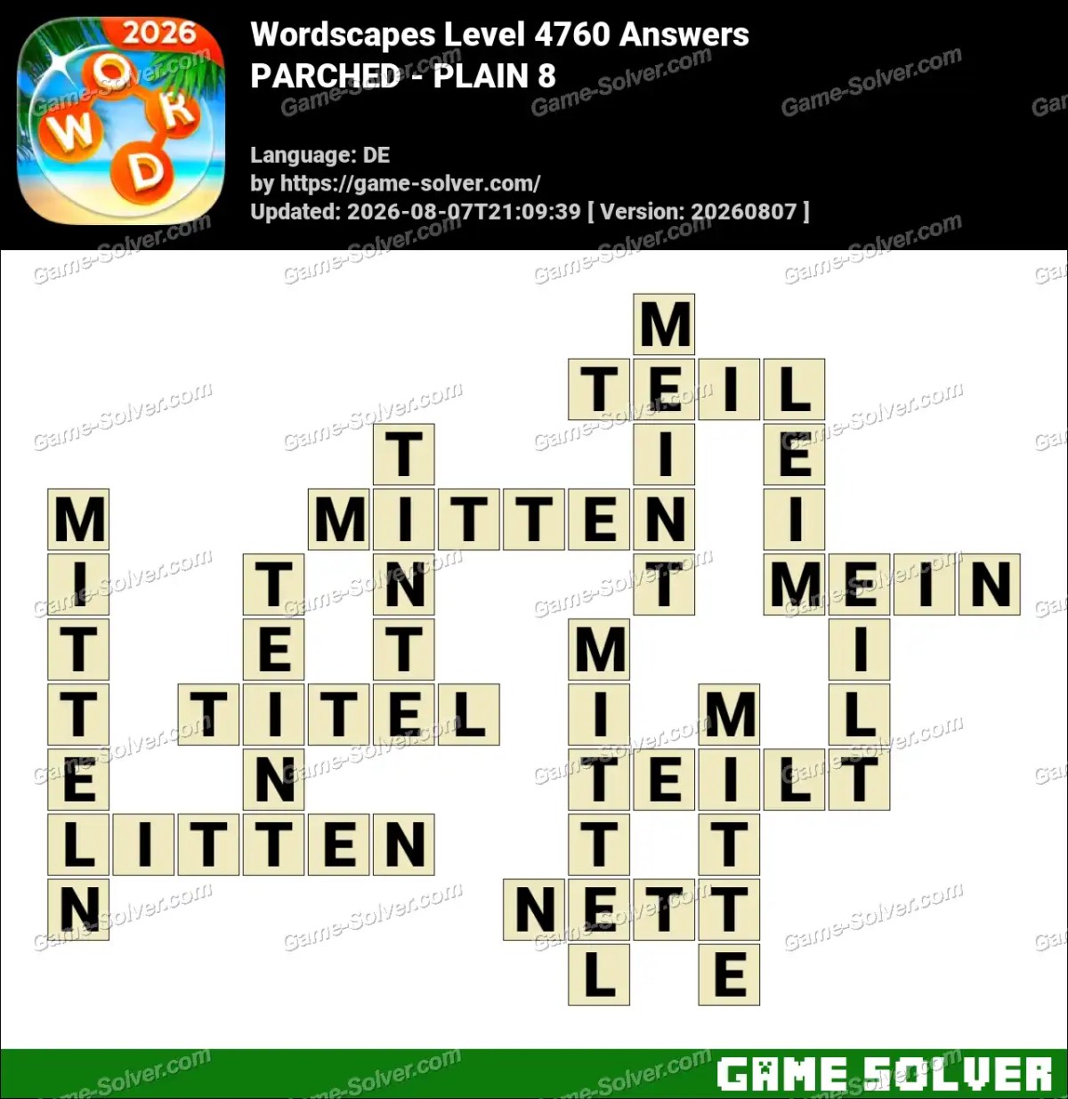 Wordscapes Deutsche Level 4760 Answers — PARCHED - PLAIN 8