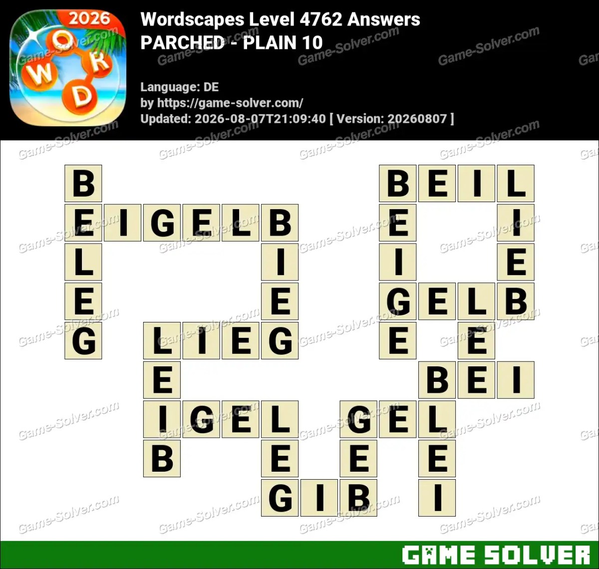 Wordscapes Deutsche Level 4762 Answers — PARCHED - PLAIN 10