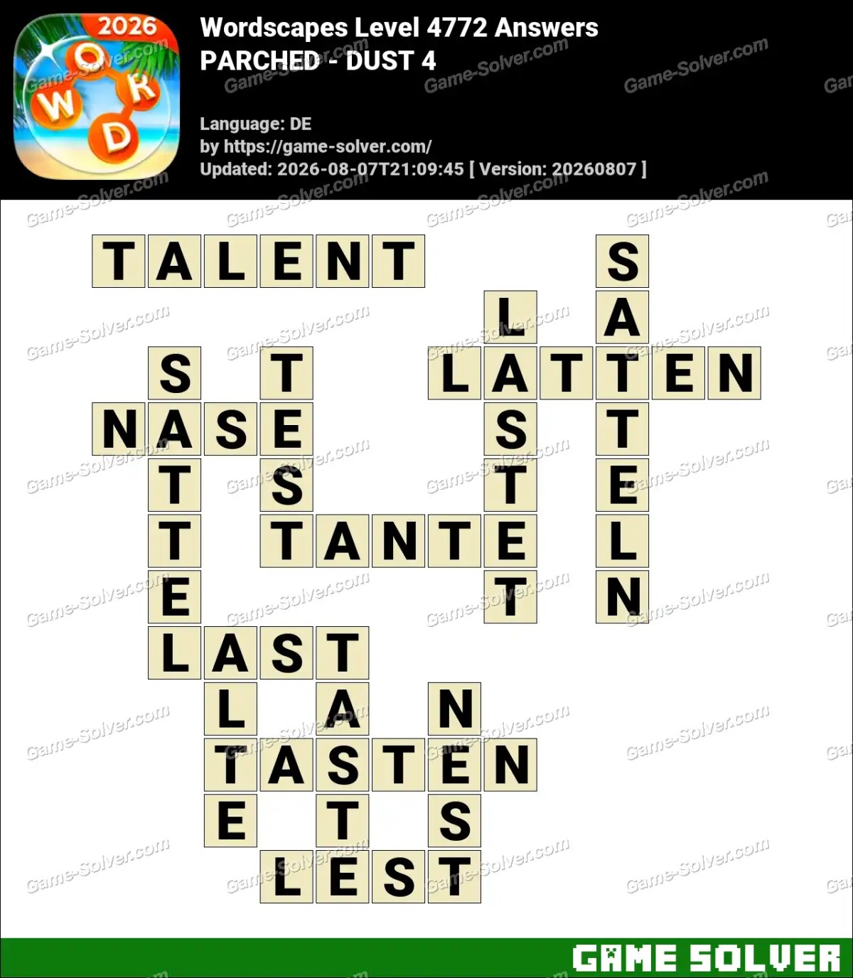 Wordscapes Deutsche Level 4772 Answers — PARCHED - DUST 4