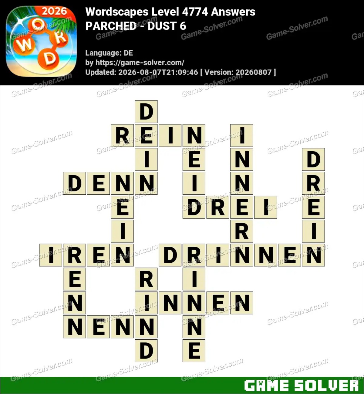 Wordscapes Deutsche Level 4774 Answers — PARCHED - DUST 6