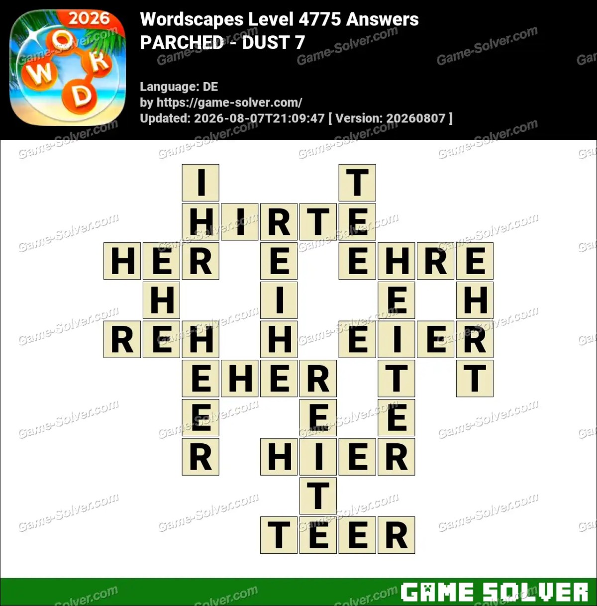 Wordscapes Deutsche Level 4775 Answers — PARCHED - DUST 7