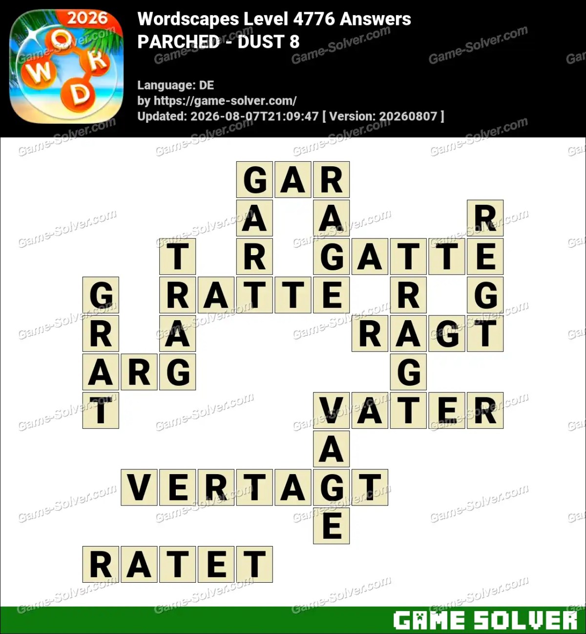 Wordscapes Deutsche Level 4776 Answers — PARCHED - DUST 8