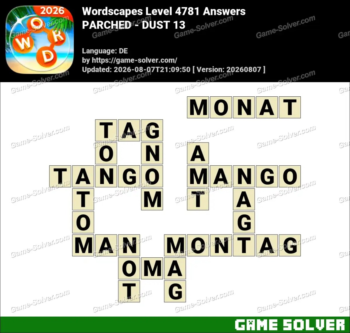 Wordscapes Deutsche Level 4781 Answers — PARCHED - DUST 13