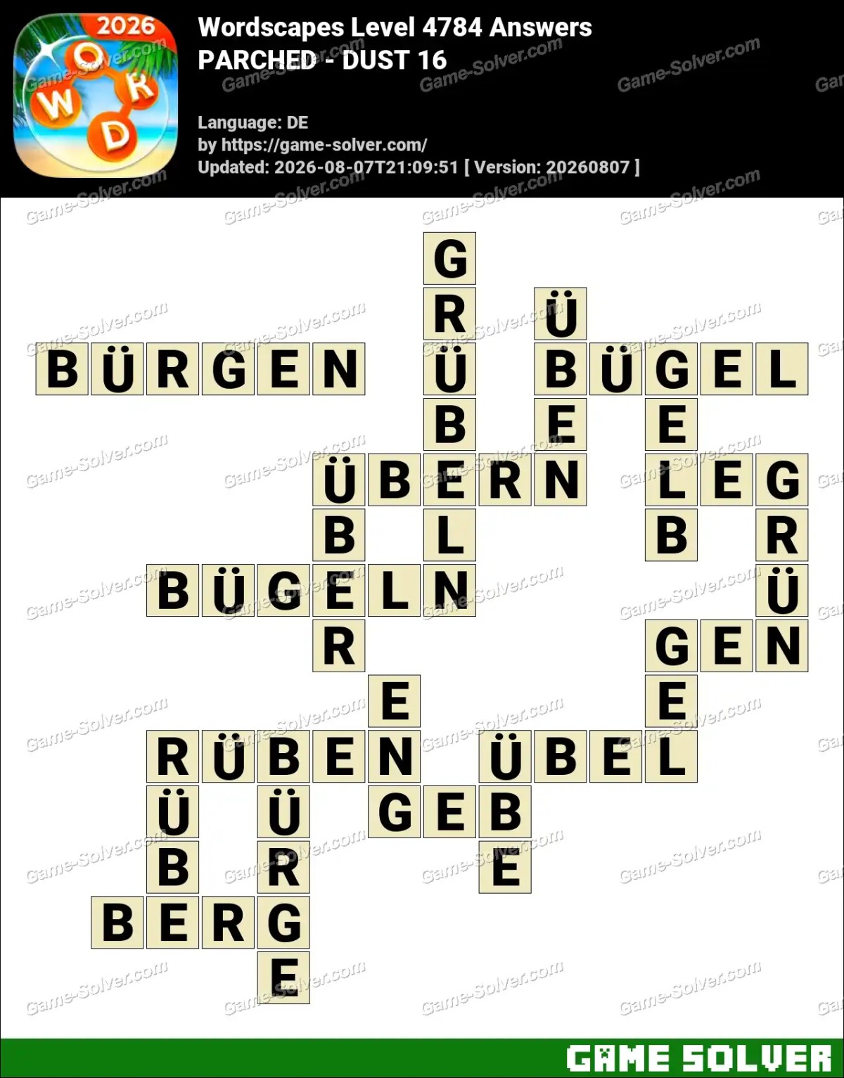 Wordscapes Deutsche Level 4784 Answers — PARCHED - DUST 16