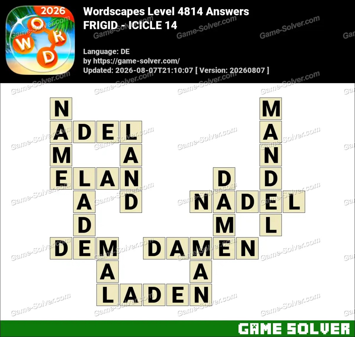 Wordscapes Deutsche Level 4814 Answers — FRIGID - ICICLE 14