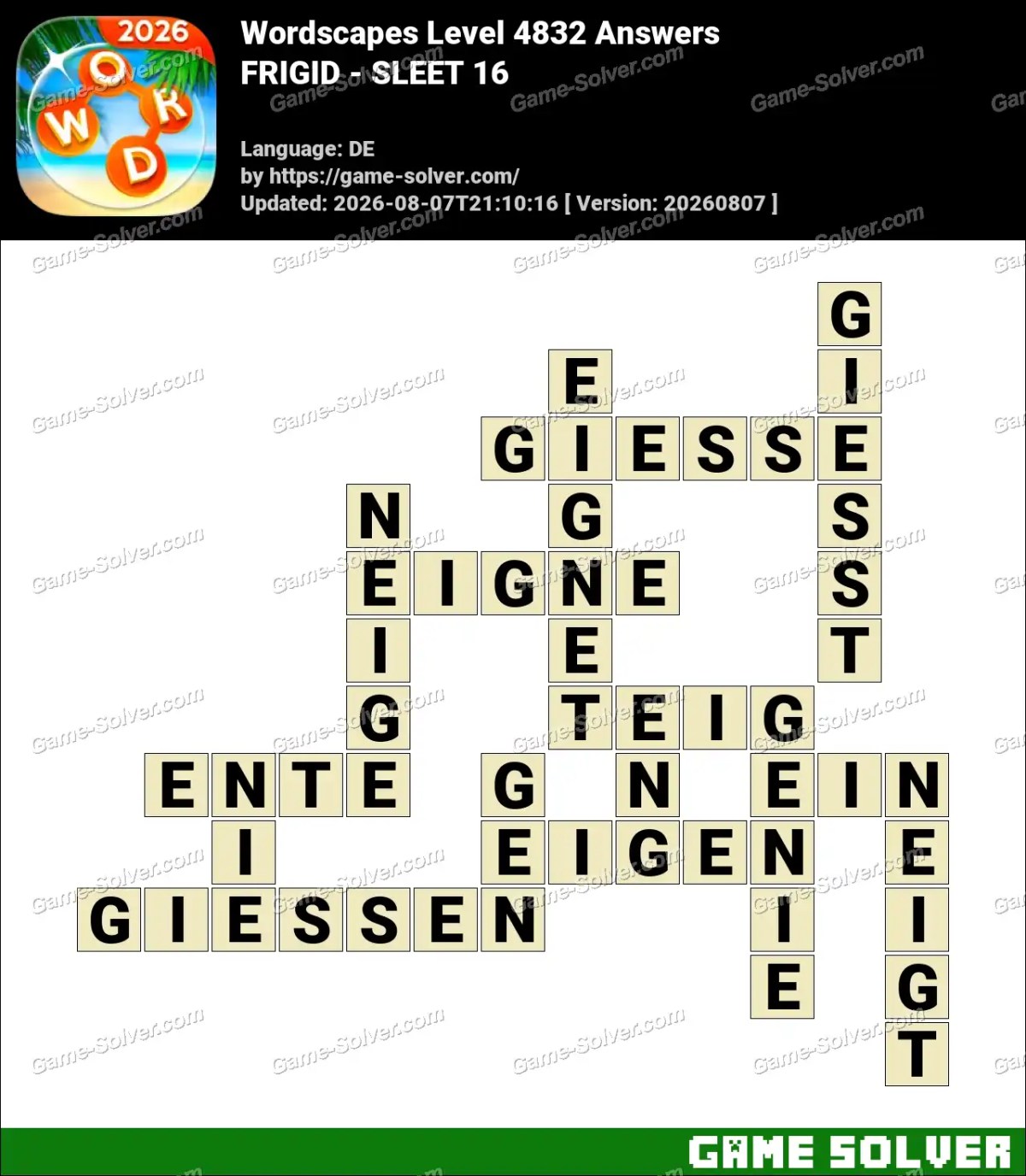 Wordscapes Deutsche Level 4832 Answers — FRIGID - SLEET 16