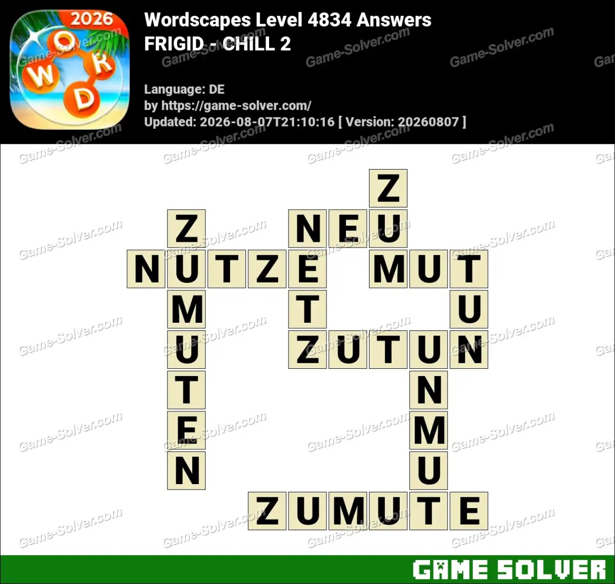 Wordscapes Deutsche Level 4834 Answers — FRIGID - CHILL 2