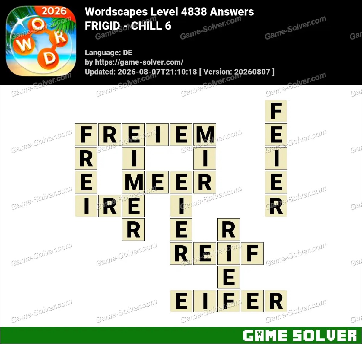 Wordscapes Deutsche Level 4838 Answers — FRIGID - CHILL 6