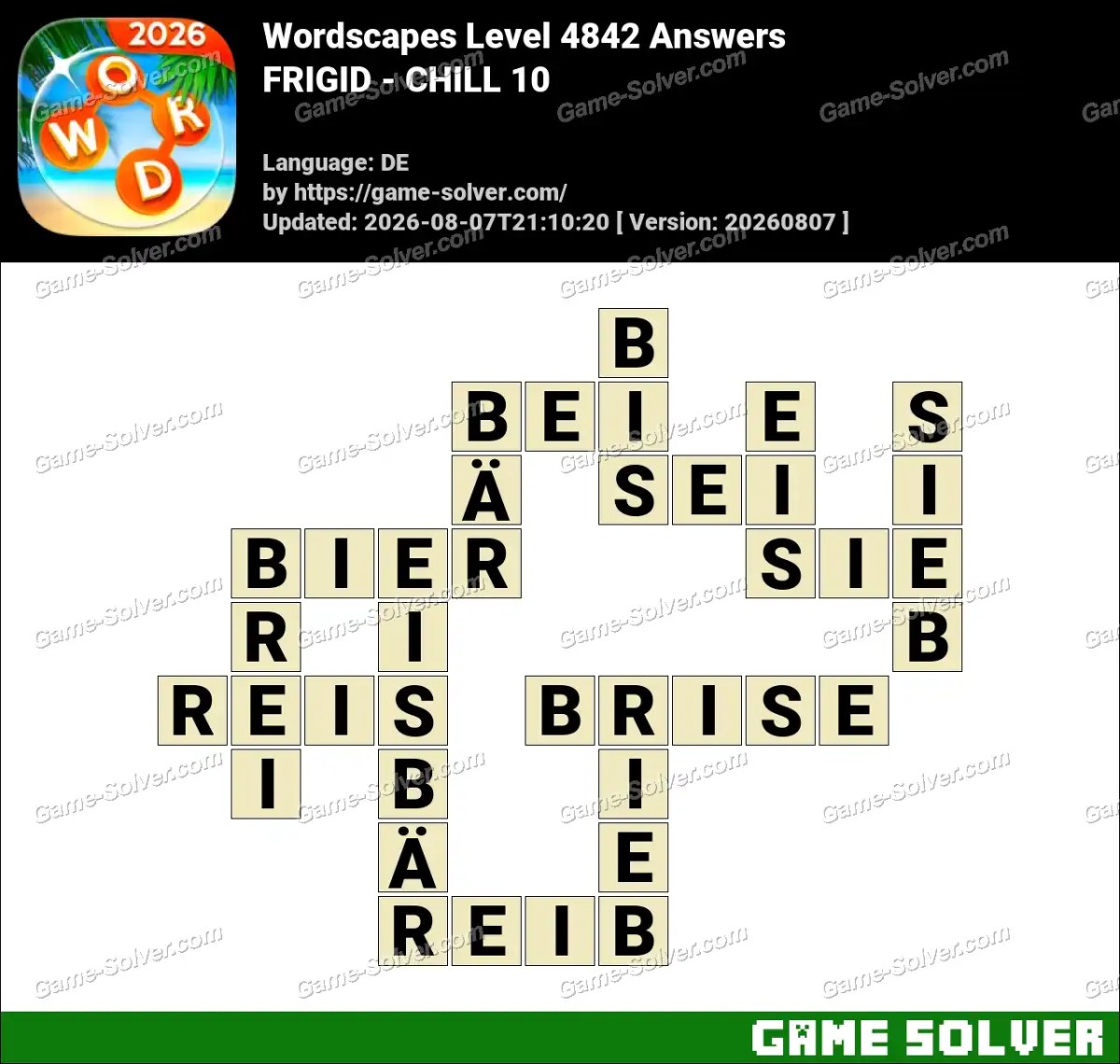 Wordscapes Deutsche Level 4842 Answers — FRIGID - CHILL 10