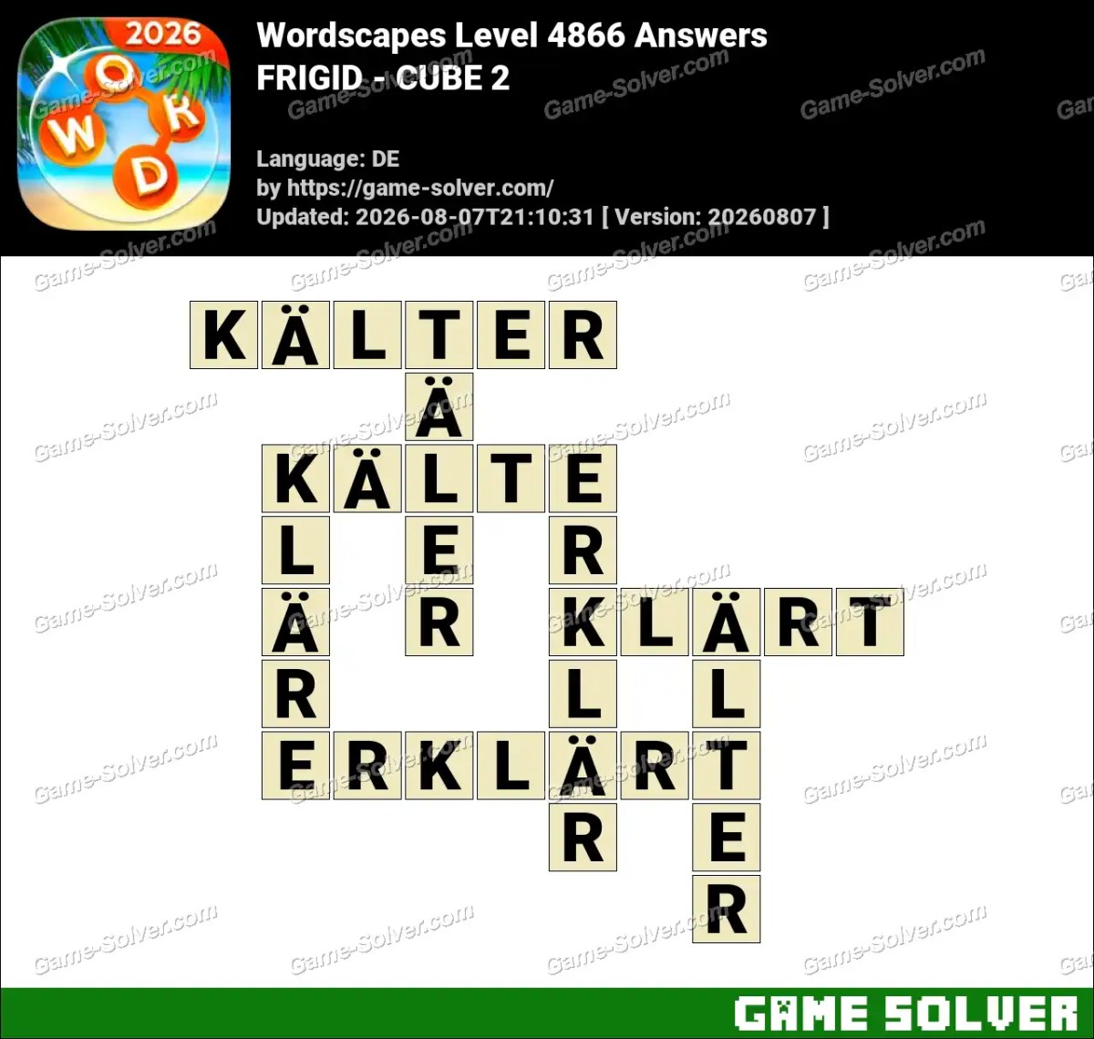 Wordscapes Deutsche Level 4866 Answers — FRIGID - CUBE 2