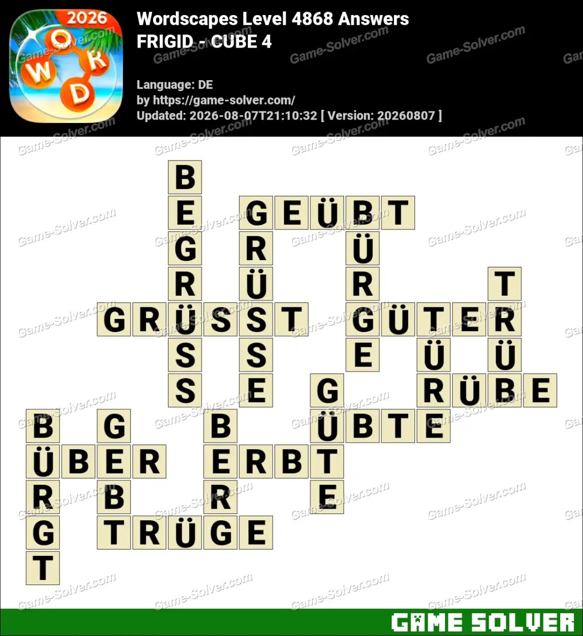 Wordscapes Deutsche Level 4868 Answers — FRIGID - CUBE 4