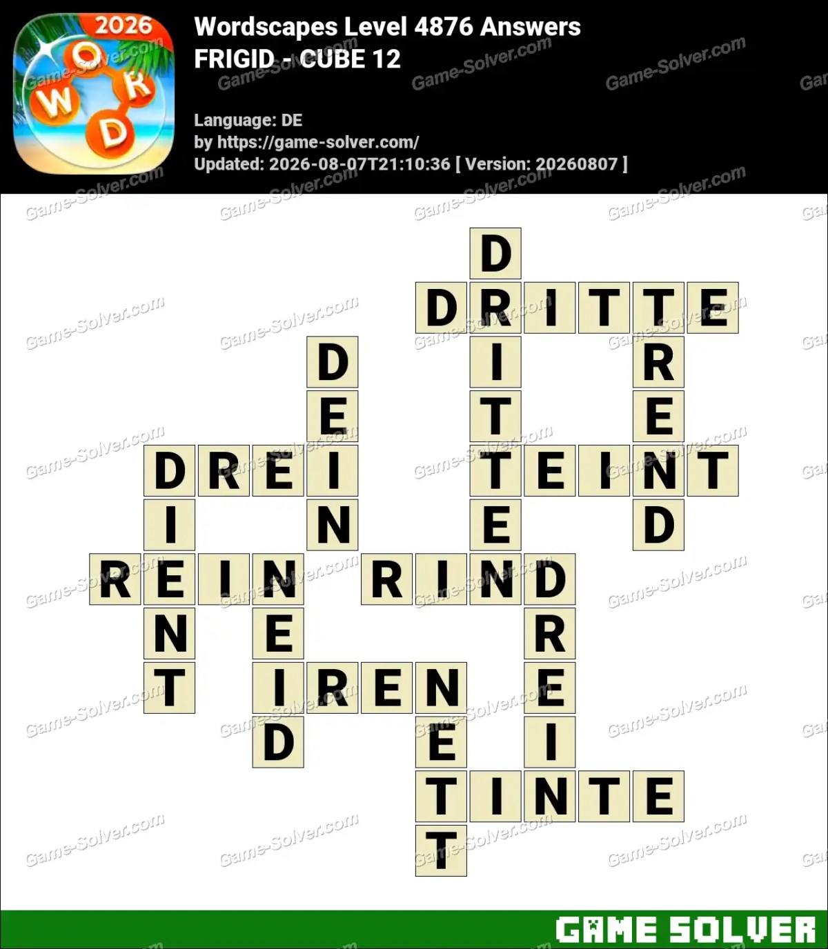 Wordscapes Deutsche Level 4876 Answers — FRIGID - CUBE 12