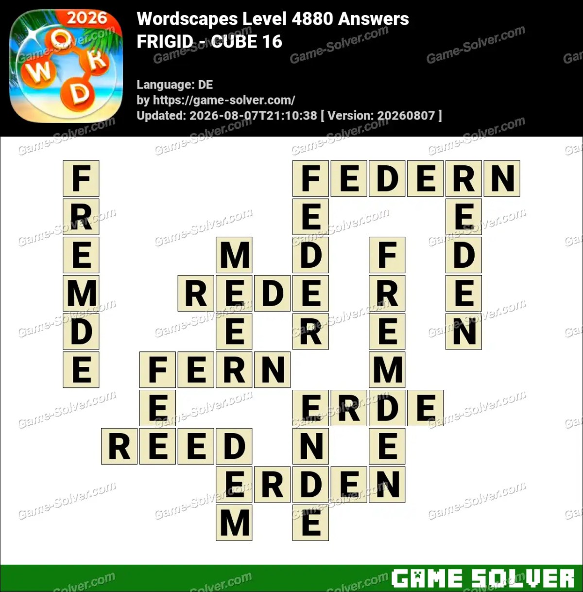 Wordscapes Deutsche Level 4880 Answers — FRIGID - CUBE 16