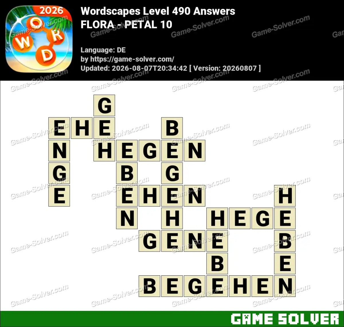 Wordscapes Deutsche Level 490 Answers — FLORA - PETAL 10