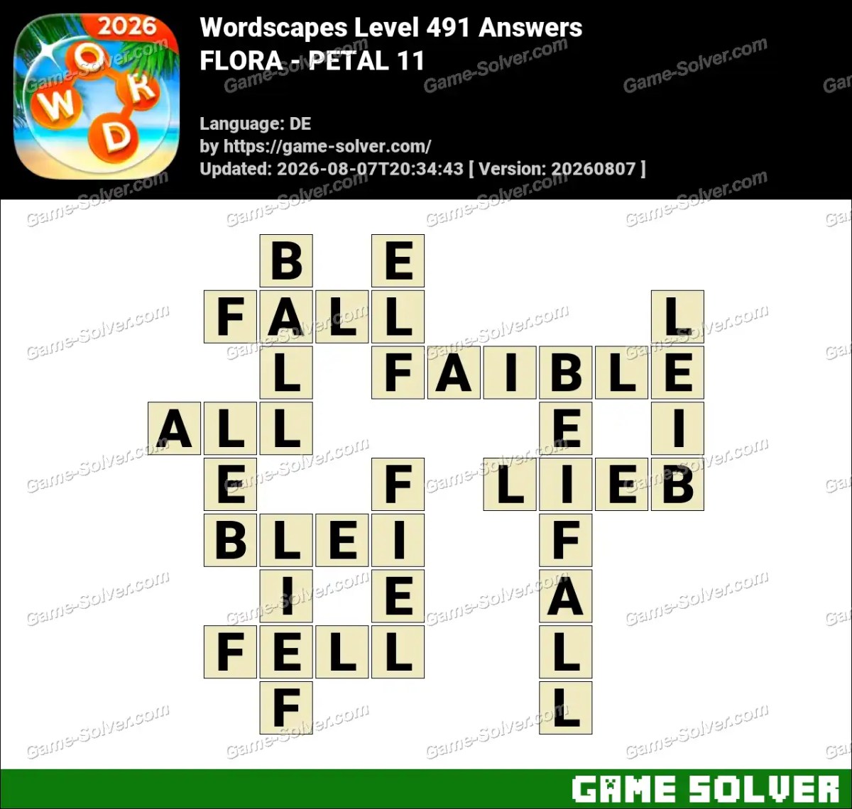 Wordscapes Deutsche Level 491 Answers — FLORA - PETAL 11