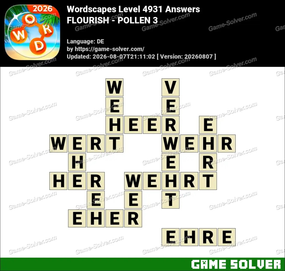 Wordscapes Deutsche Level 4931 Answers — FLOURISH - POLLEN 3