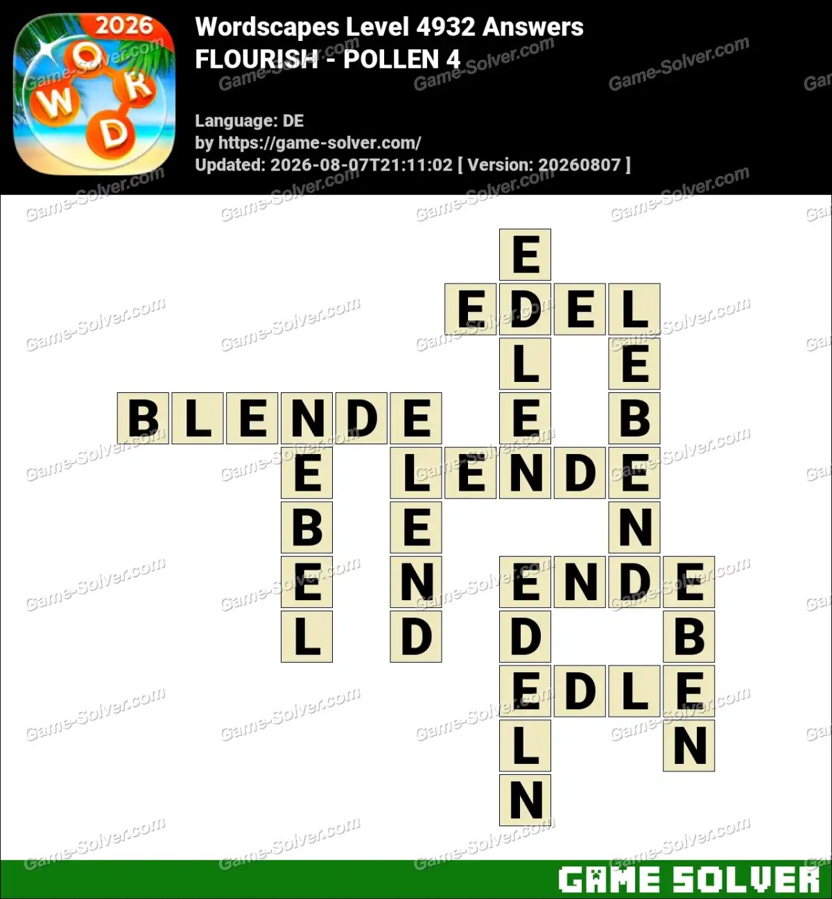 Wordscapes Deutsche Level 4932 Answers — FLOURISH - POLLEN 4