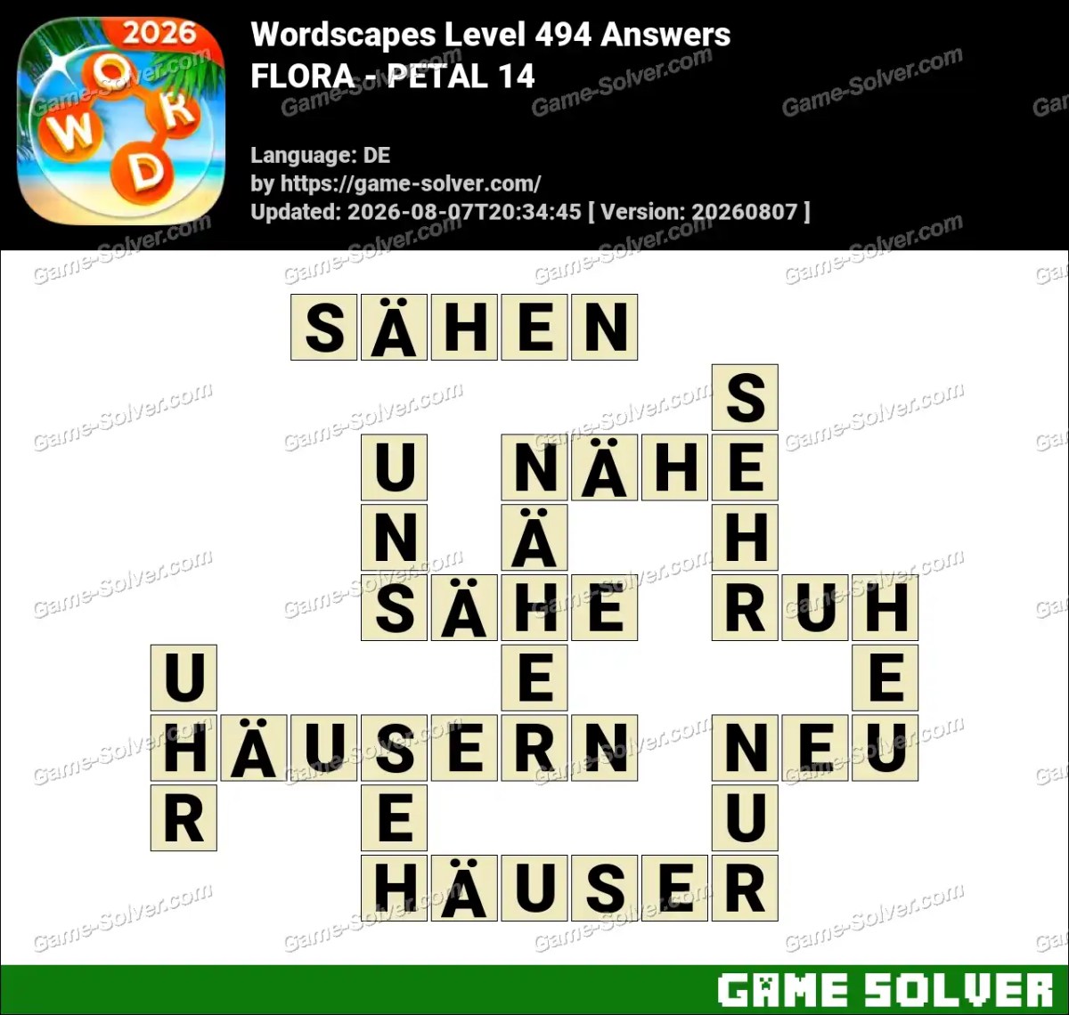 Wordscapes Deutsche Level 494 Answers — FLORA - PETAL 14