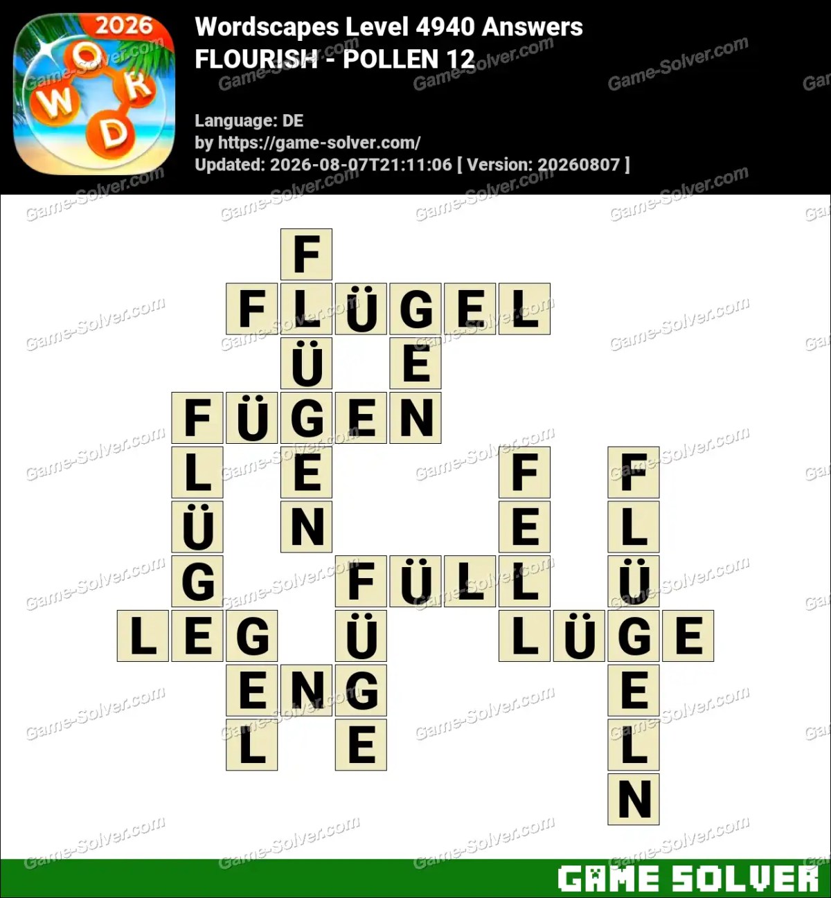 Wordscapes Deutsche Level 4940 Answers — FLOURISH - POLLEN 12