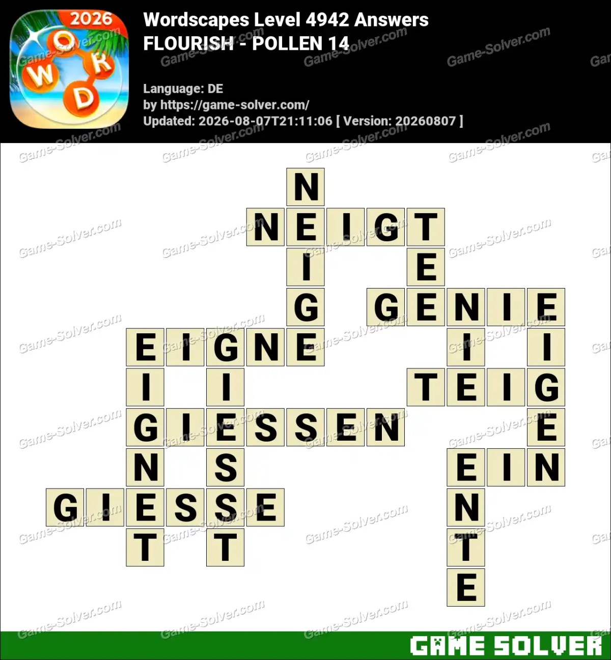 Wordscapes Deutsche Level 4942 Answers — FLOURISH - POLLEN 14
