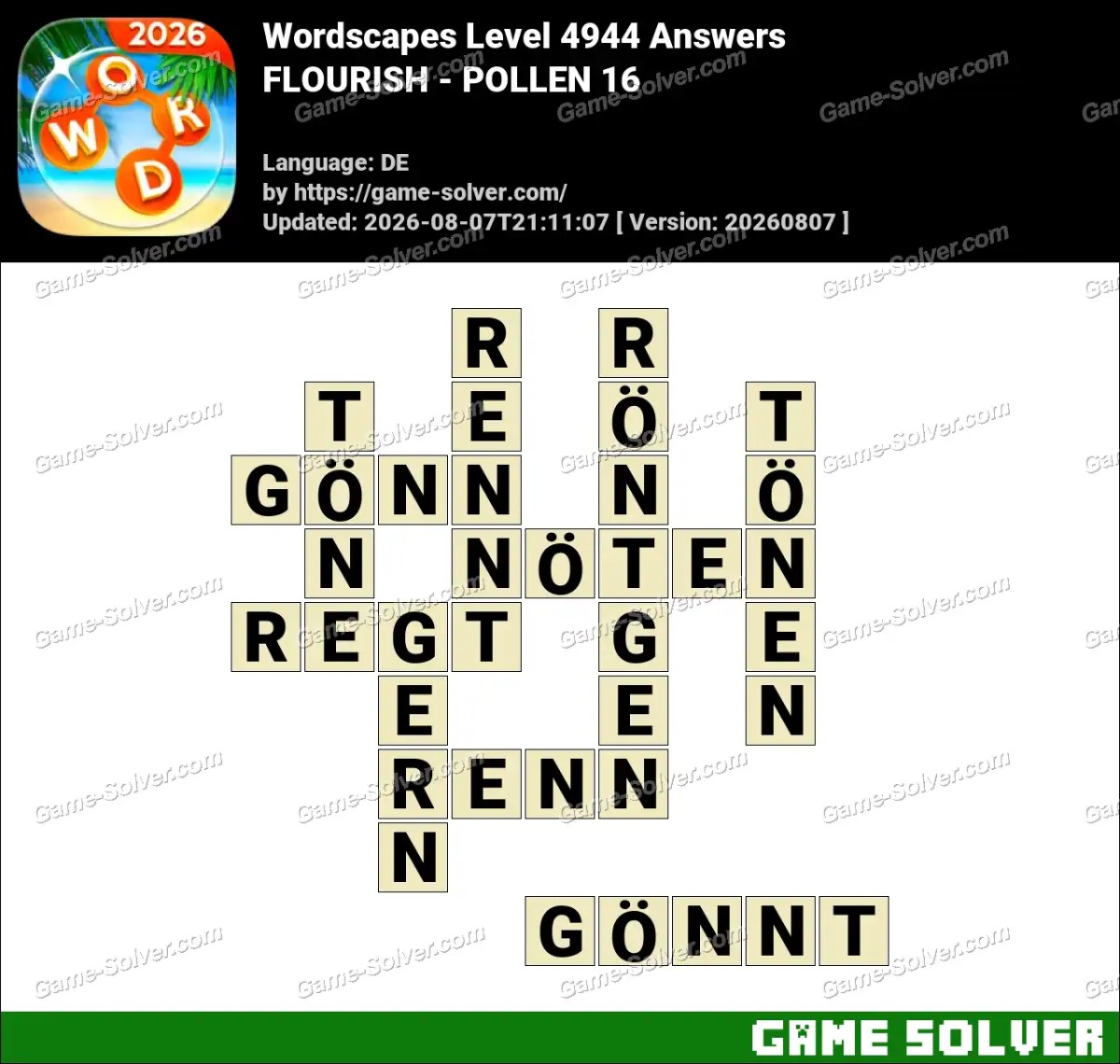 Wordscapes Deutsche Level 4944 Answers — FLOURISH - POLLEN 16
