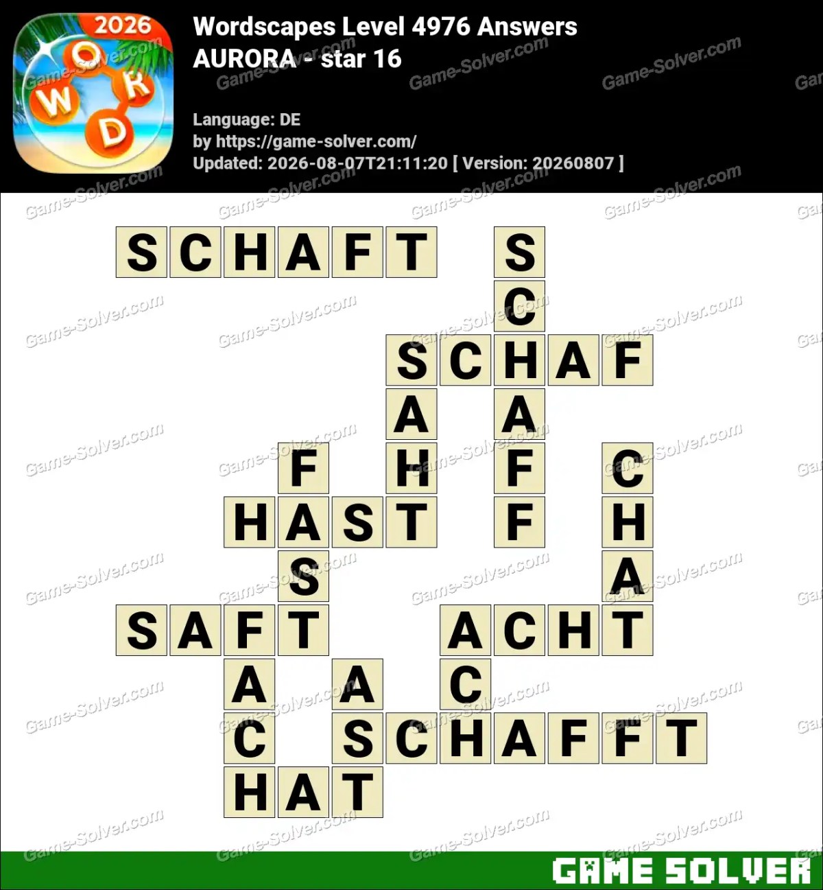 Wordscapes Deutsche Level 4976 Answers — AURORA - star 16