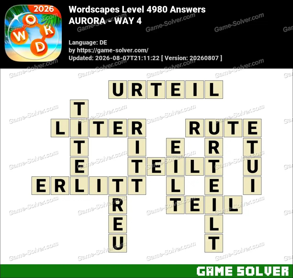 Wordscapes Deutsche Level 4980 Answers — AURORA - WAY 4