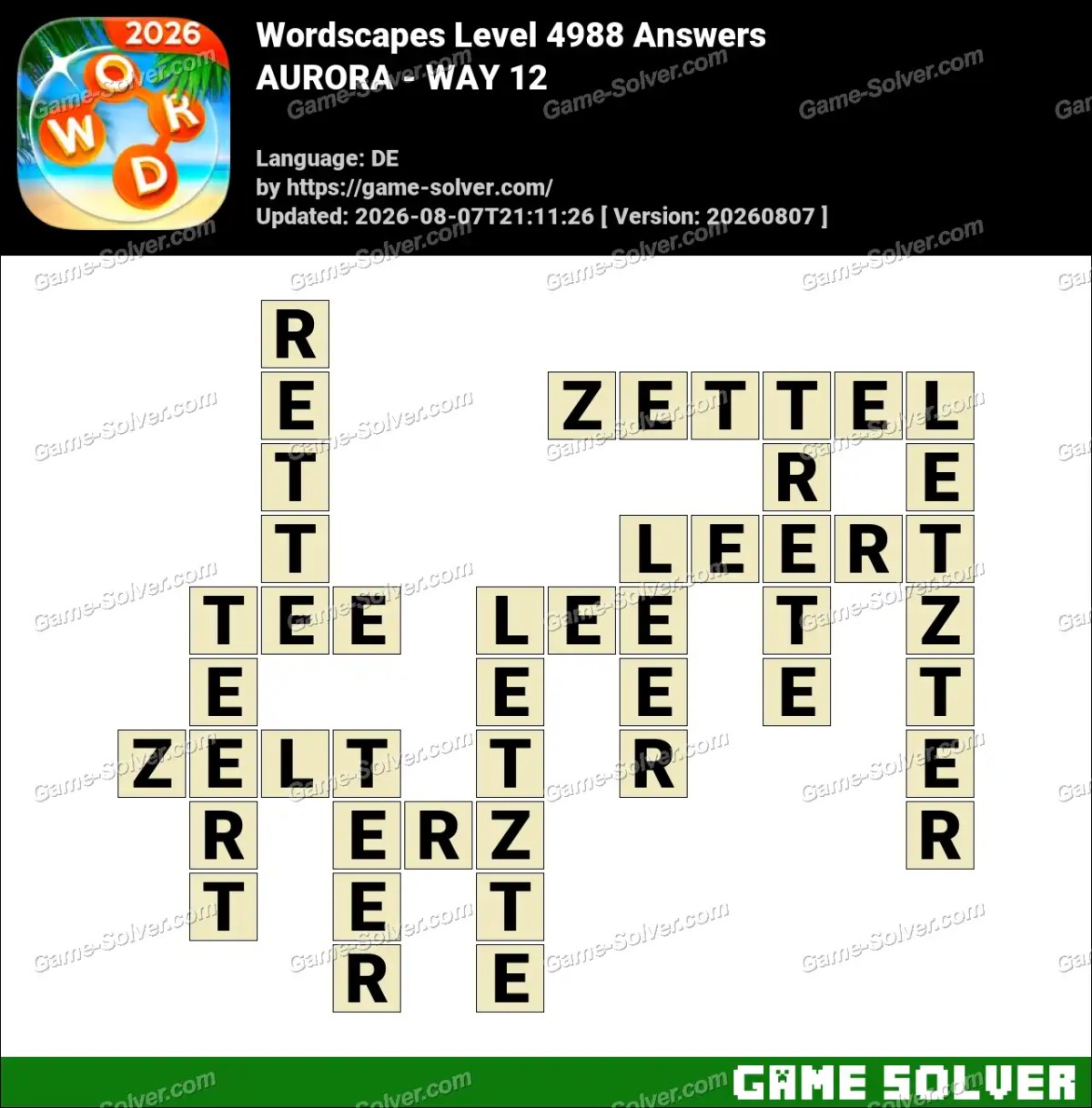 Wordscapes Deutsche Level 4988 Answers — AURORA - WAY 12