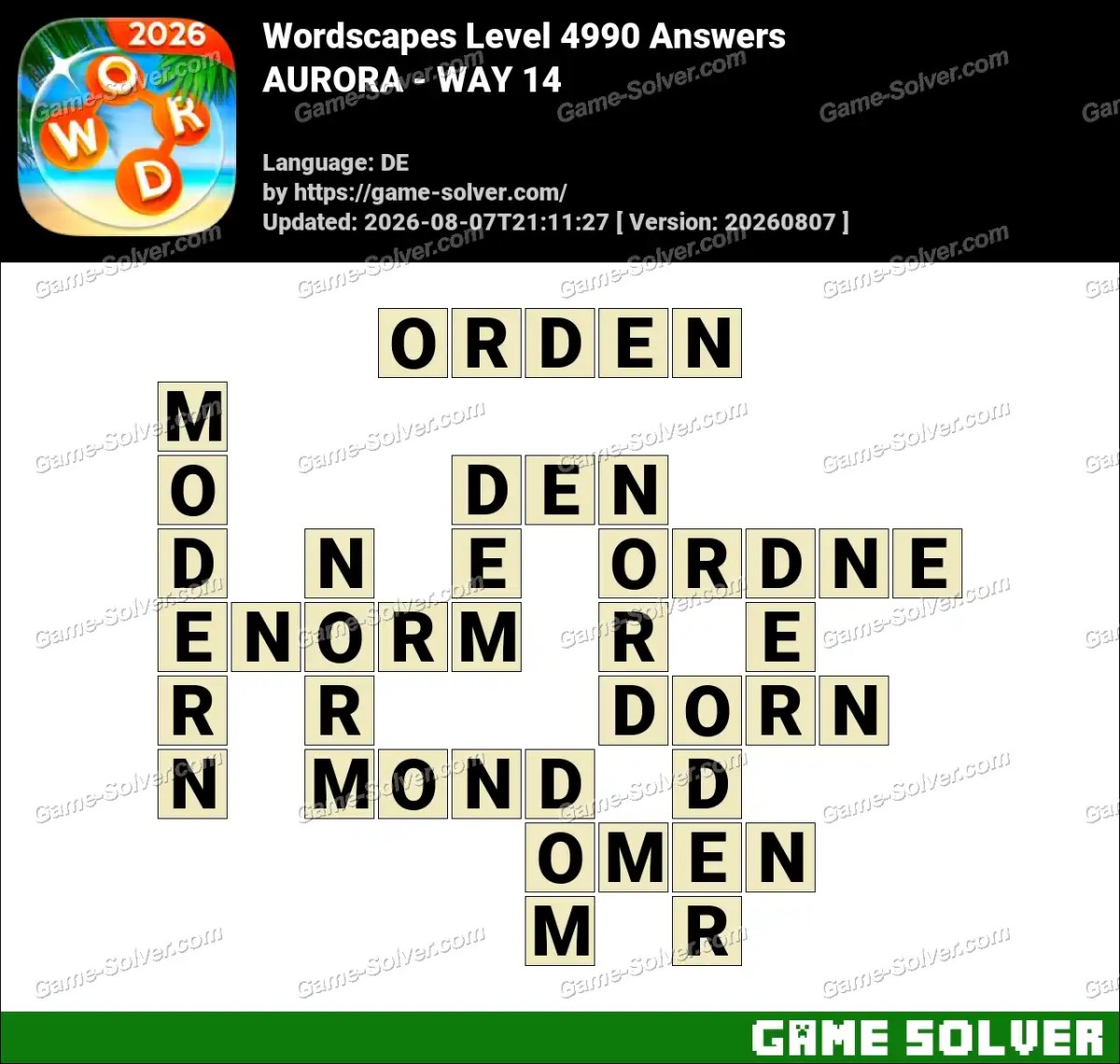 Wordscapes Deutsche Level 4990 Answers — AURORA - WAY 14