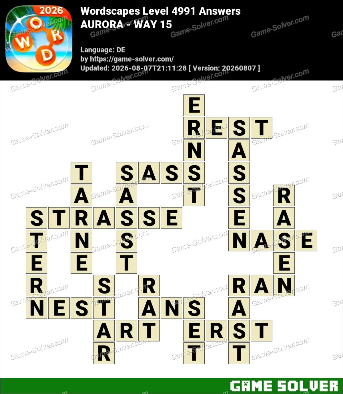 Wordscapes Deutsche Level 4991 Answers — AURORA - WAY 15