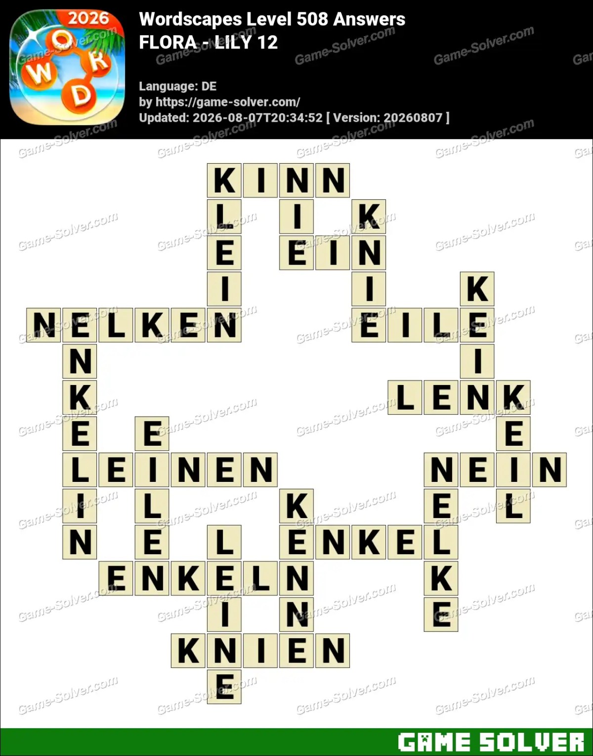 Wordscapes Deutsche Level 508 Answers — FLORA - LILY 12