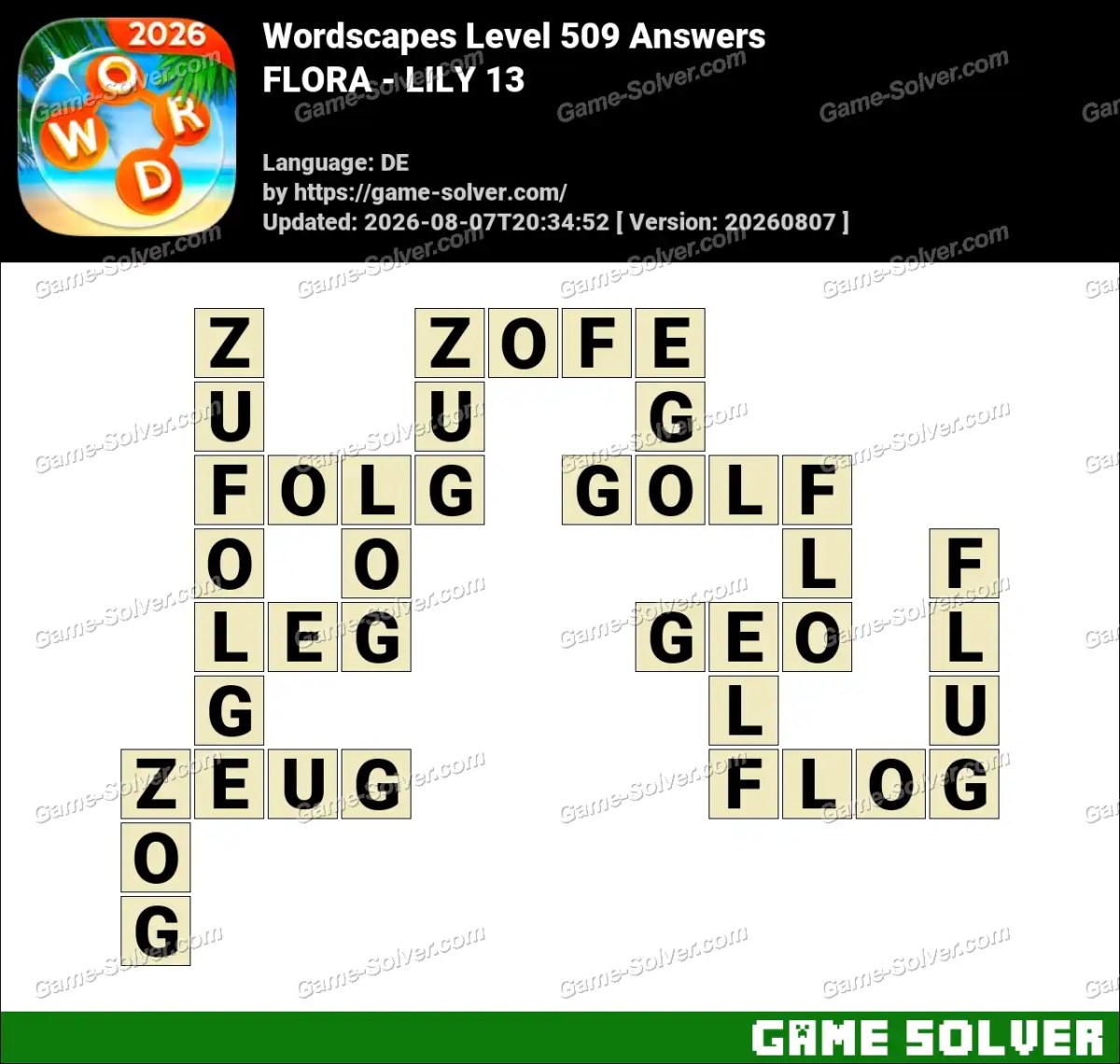 Wordscapes Deutsche Level 509 Answers — FLORA - LILY 13