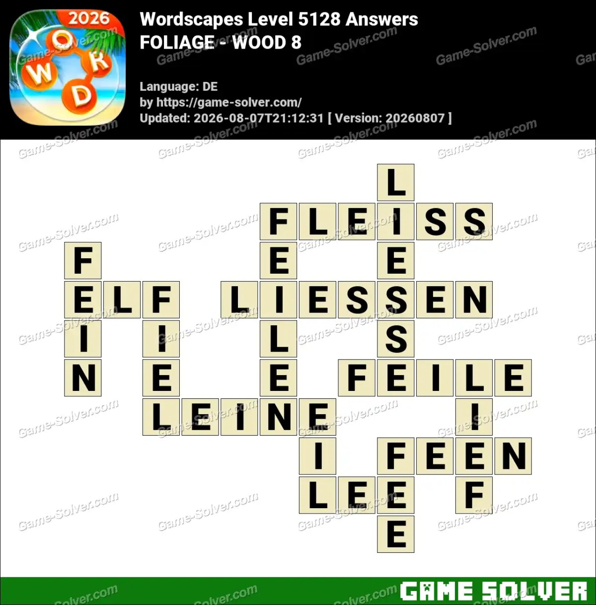 Wordscapes Deutsche Level 5128 Answers — FOLIAGE - WOOD 8