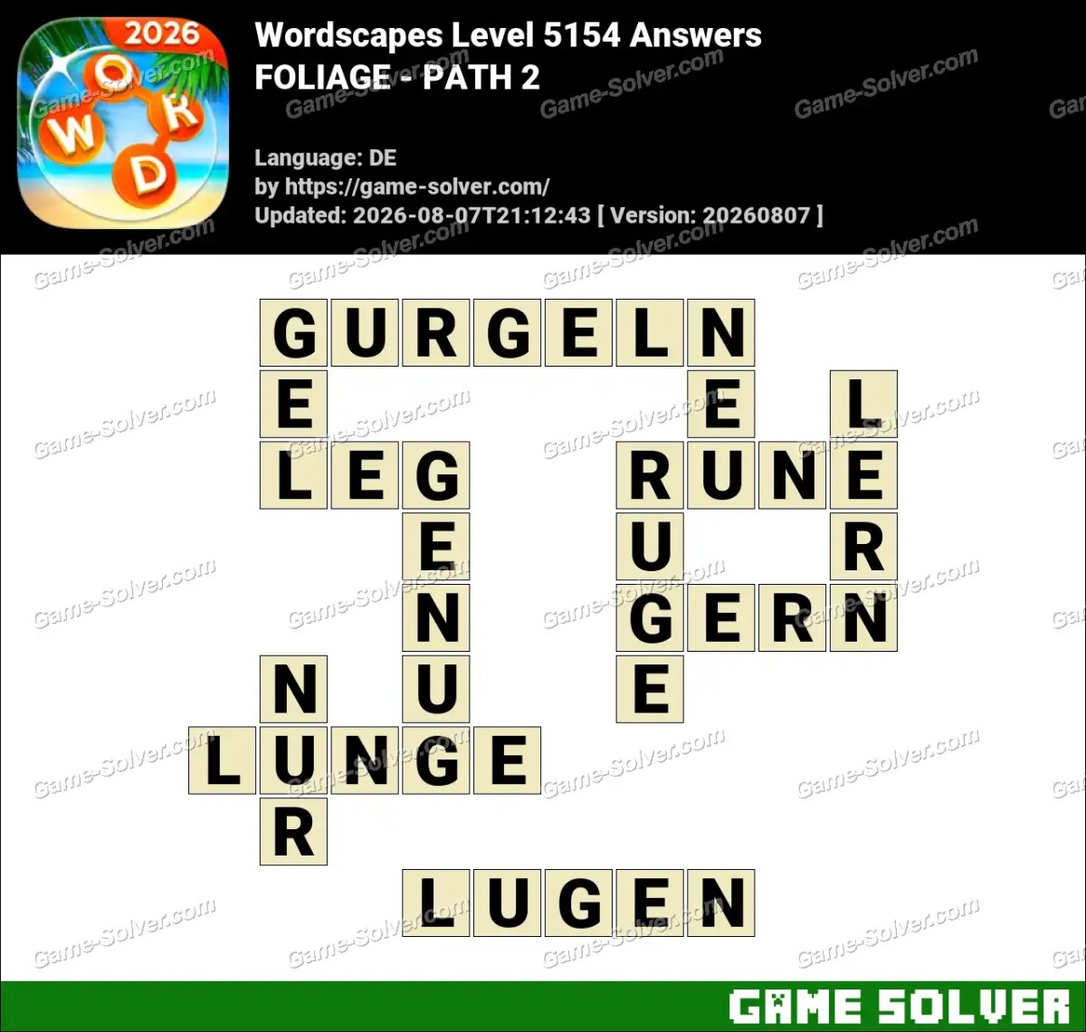 Wordscapes Deutsche Level 5154 Answers — FOLIAGE - PATH 2