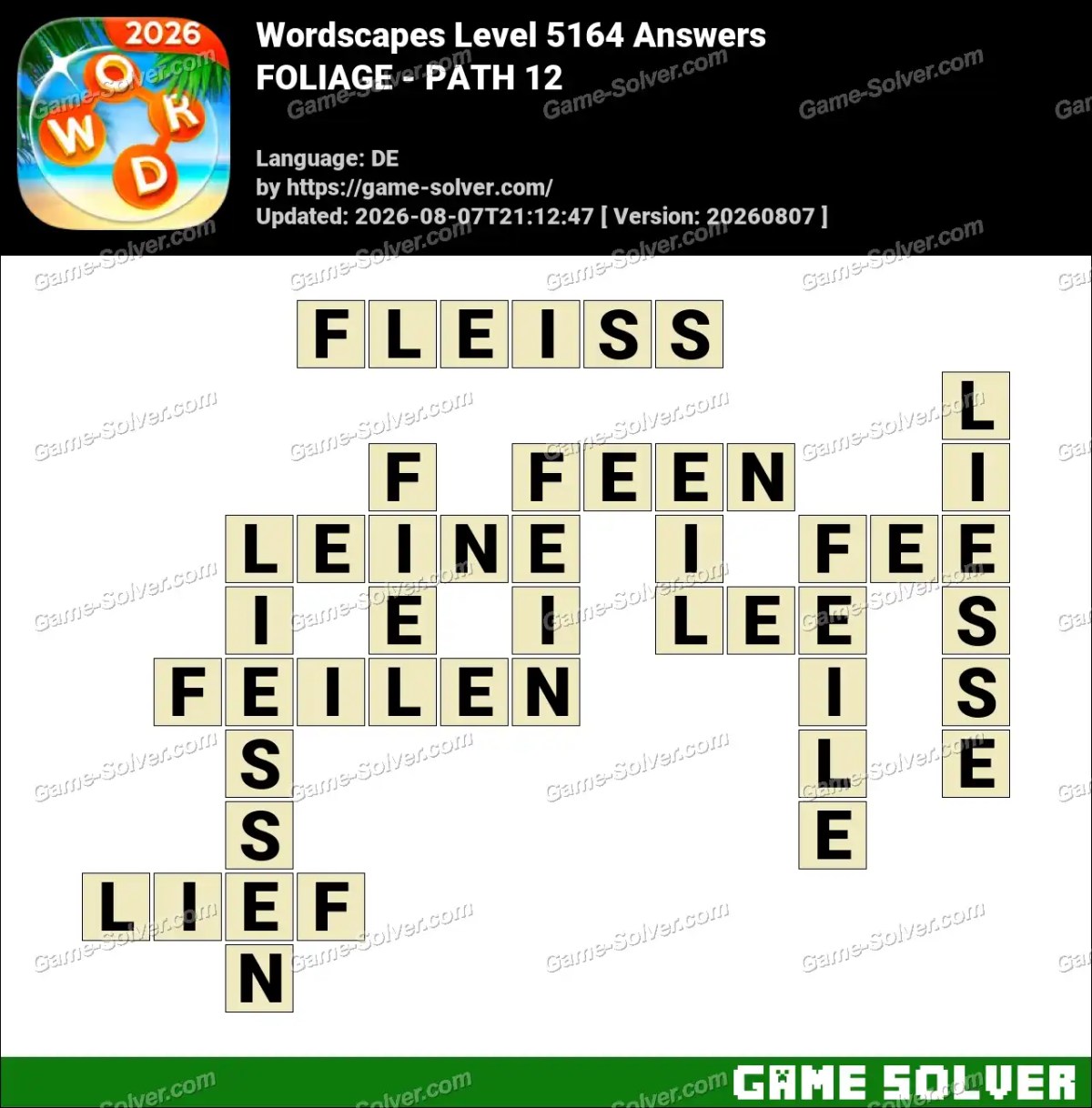 Wordscapes Deutsche Level 5164 Answers — FOLIAGE - PATH 12