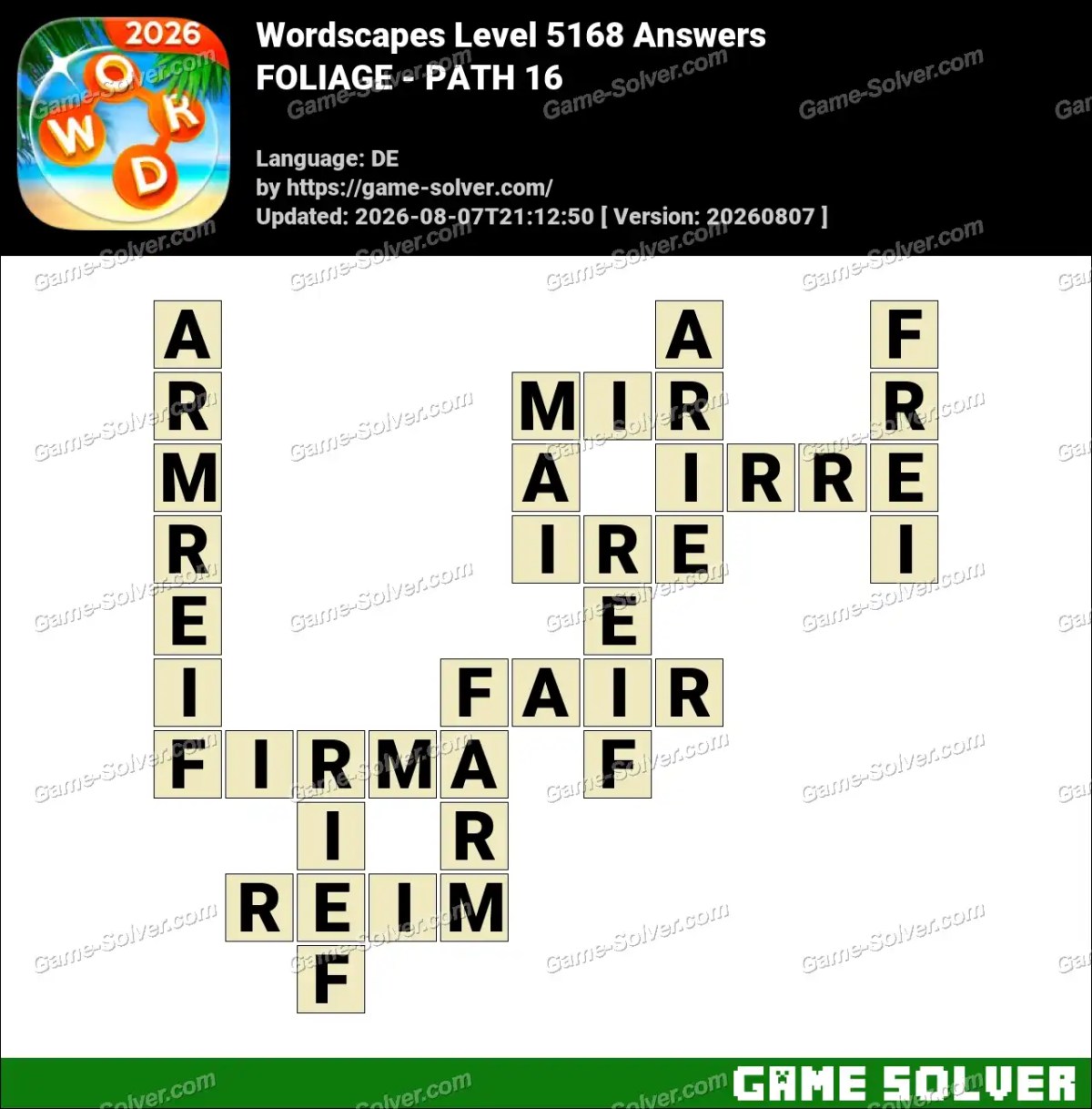 Wordscapes Deutsche Level 5168 Answers — FOLIAGE - PATH 16