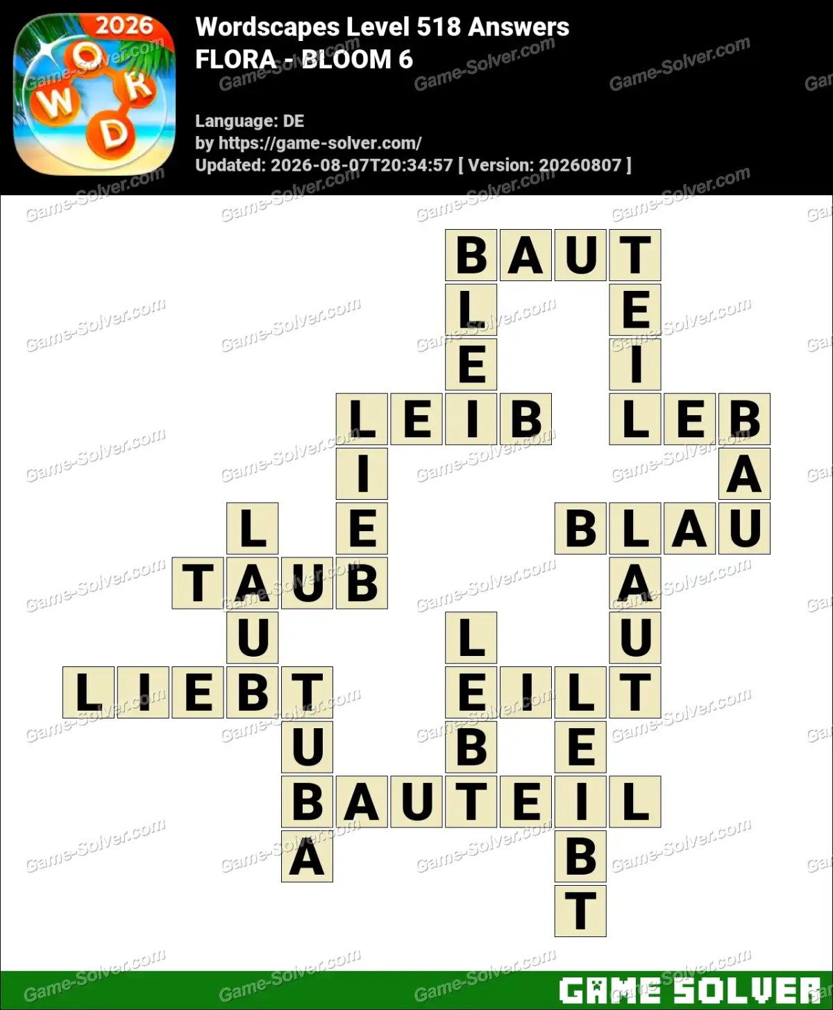Wordscapes Deutsche Level 518 Answers — FLORA - BLOOM 6