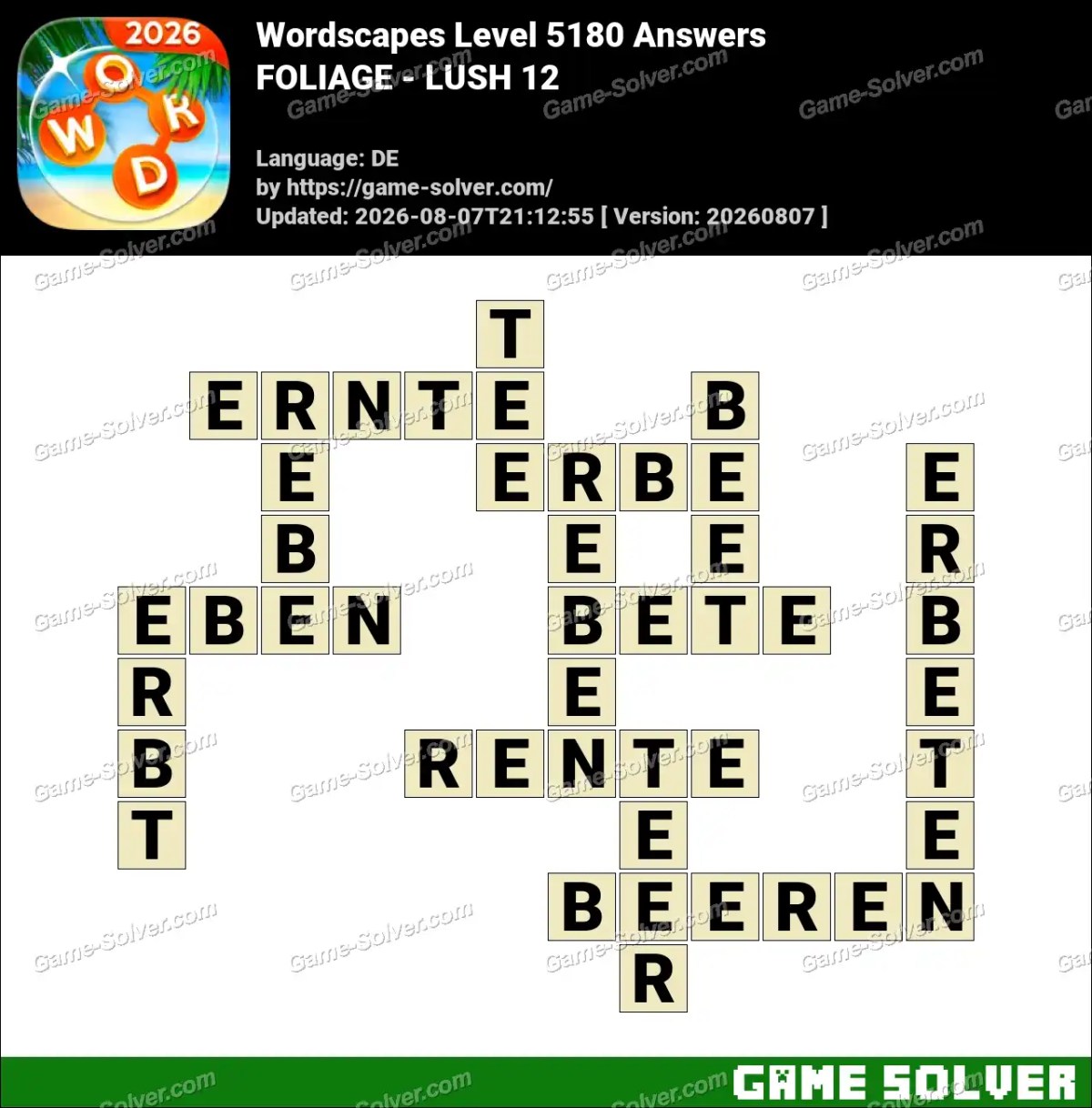 Wordscapes Deutsche Level 5180 Answers — FOLIAGE - LUSH 12