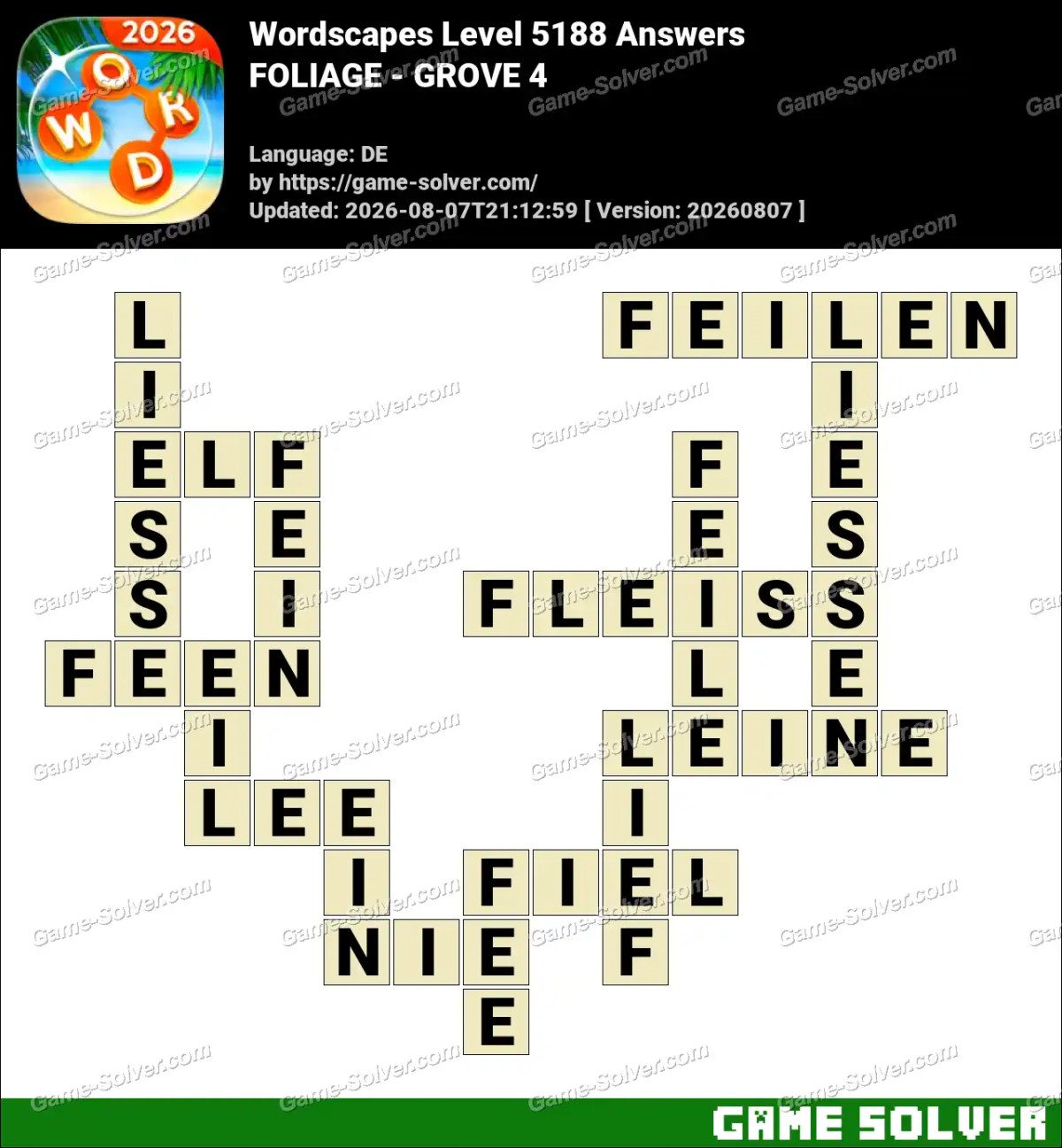 Wordscapes Deutsche Level 5188 Answers — FOLIAGE - GROVE 4