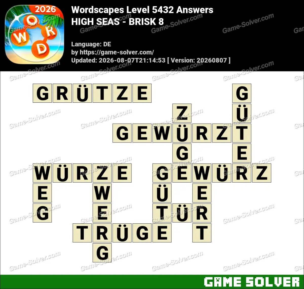 Wordscapes Deutsche Level 5432 Answers — HIGH SEAS - BRISK 8