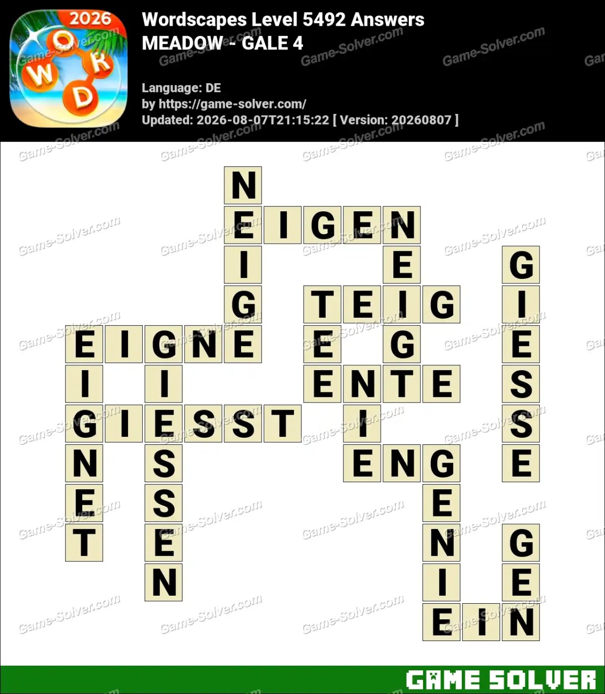 Wordscapes Deutsche Level 5492 Answers — MEADOW - GALE 4