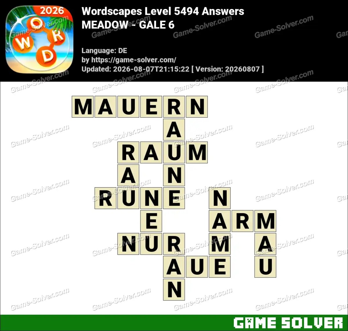 Wordscapes Deutsche Level 5494 Answers — MEADOW - GALE 6