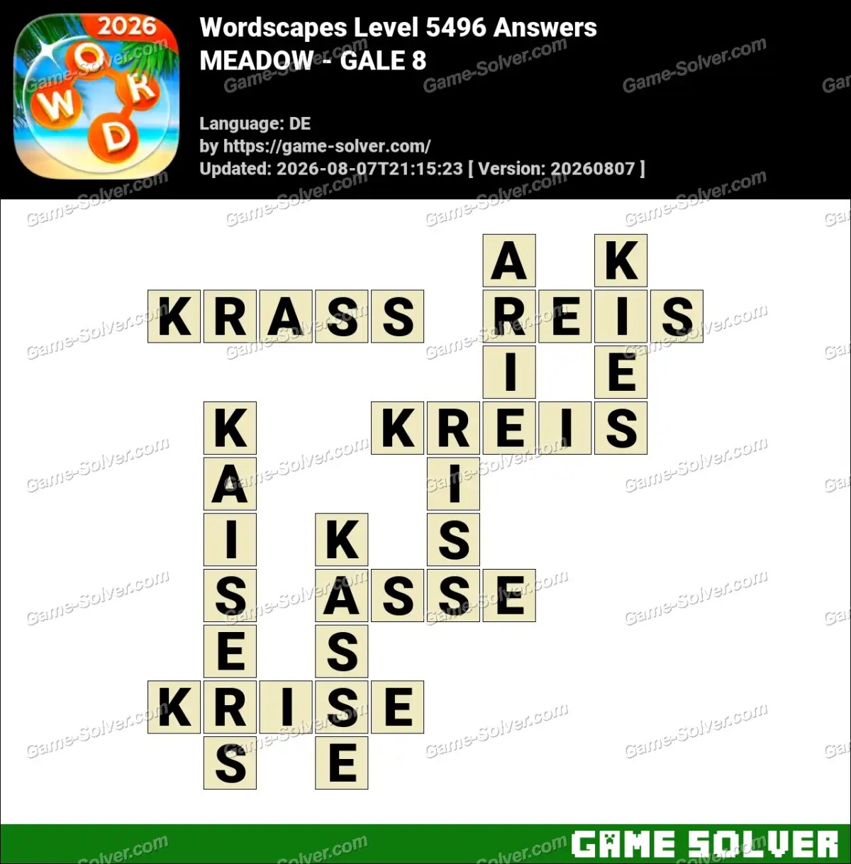 Wordscapes Deutsche Level 5496 Answers — MEADOW - GALE 8