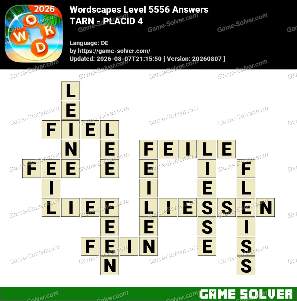 Wordscapes Deutsche Level 5556 Answers — TARN - PLACID 4