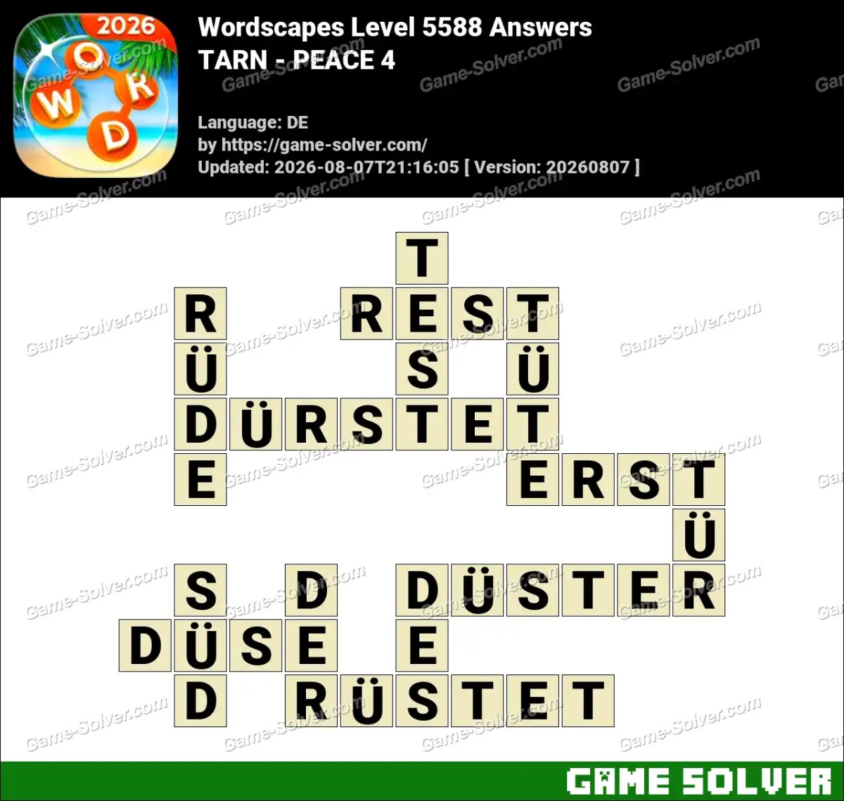 Wordscapes Deutsche Level 5588 Answers — TARN - PEACE 4
