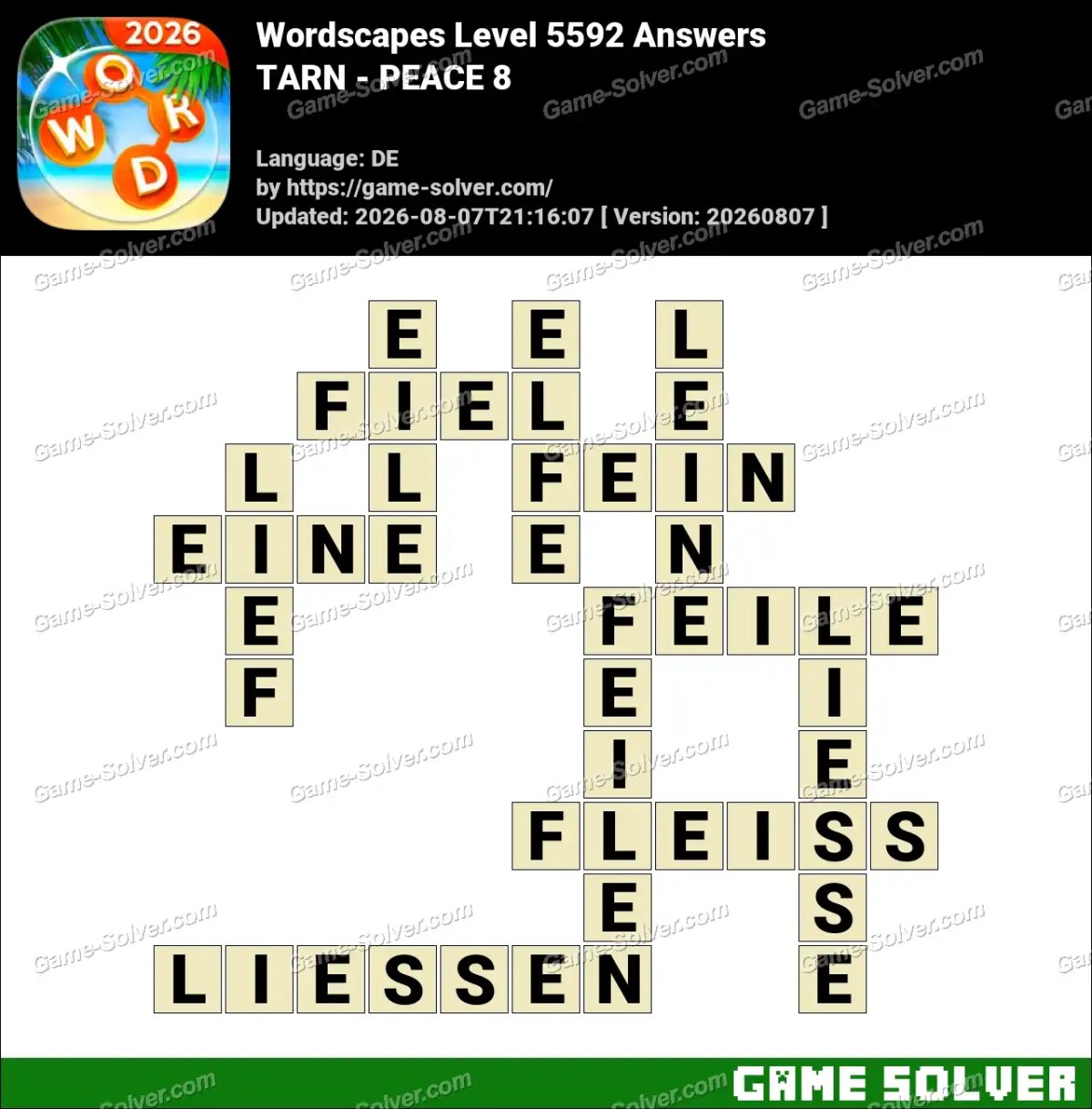 Wordscapes Deutsche Level 5592 Answers — TARN - PEACE 8