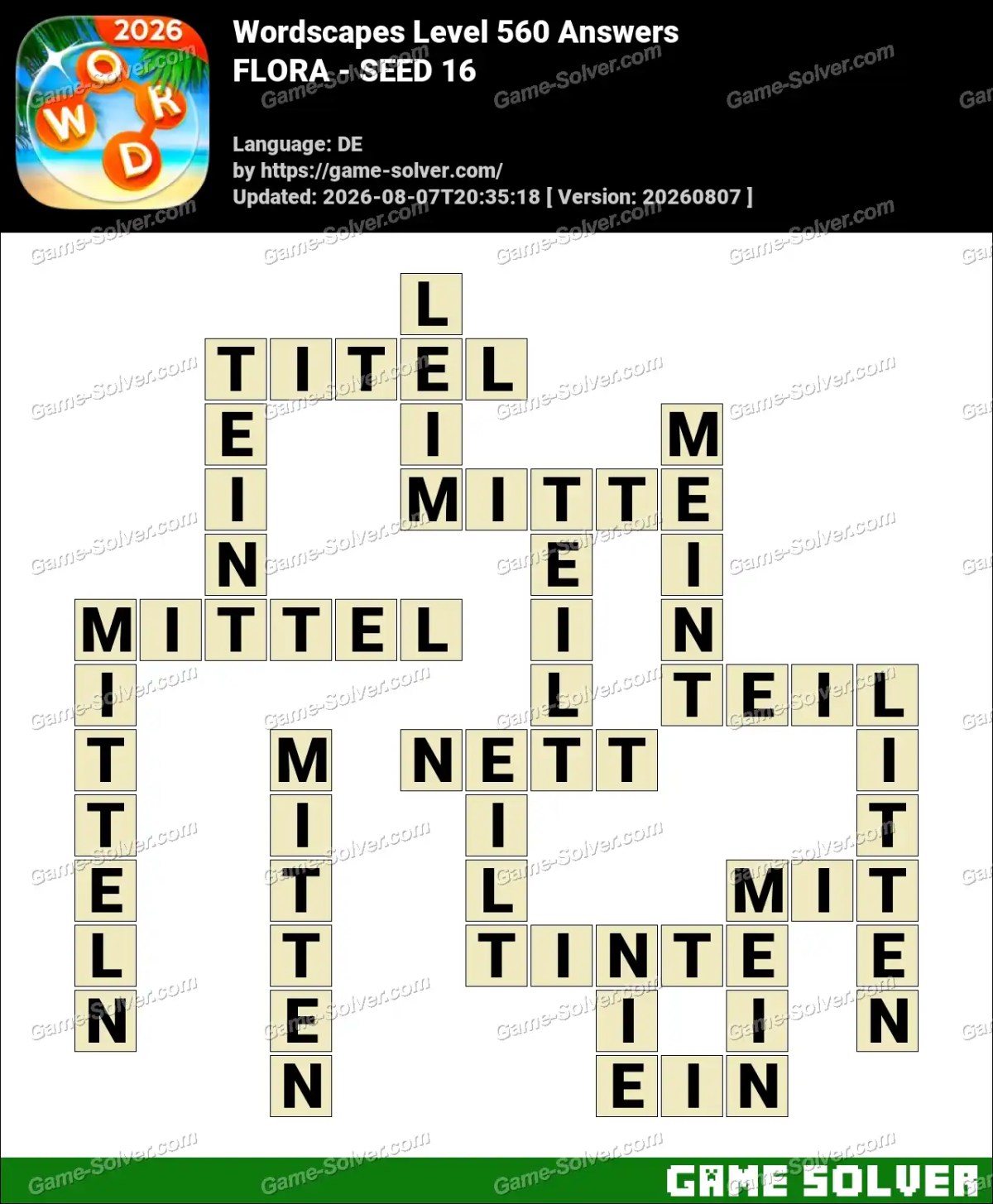 Wordscapes Deutsche Level 560 Answers — FLORA - SEED 16