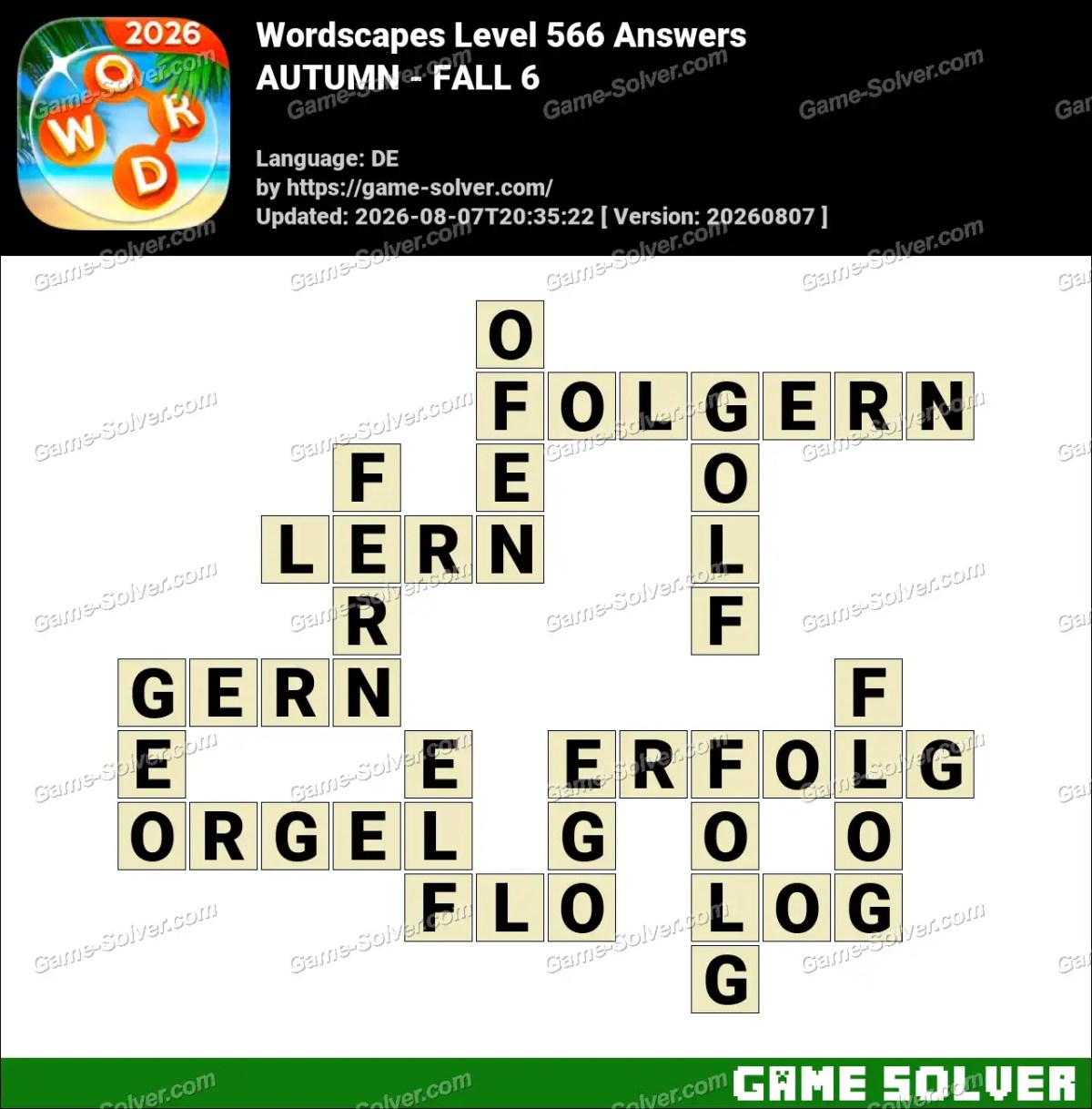 Wordscapes Deutsche Level 566 Answers — AUTUMN - FALL 6