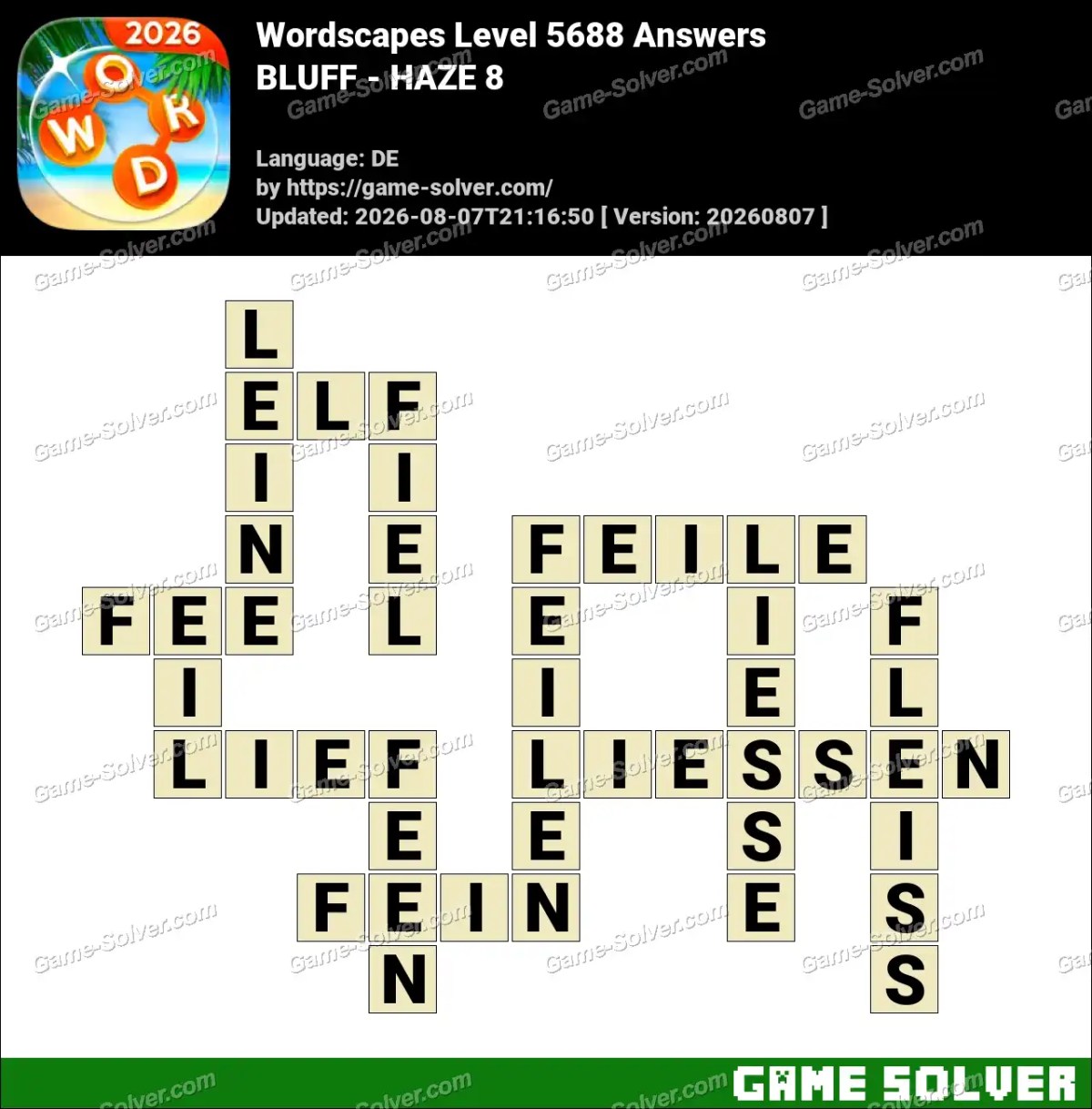 Wordscapes Deutsche Level 5688 Answers — BLUFF - HAZE 8