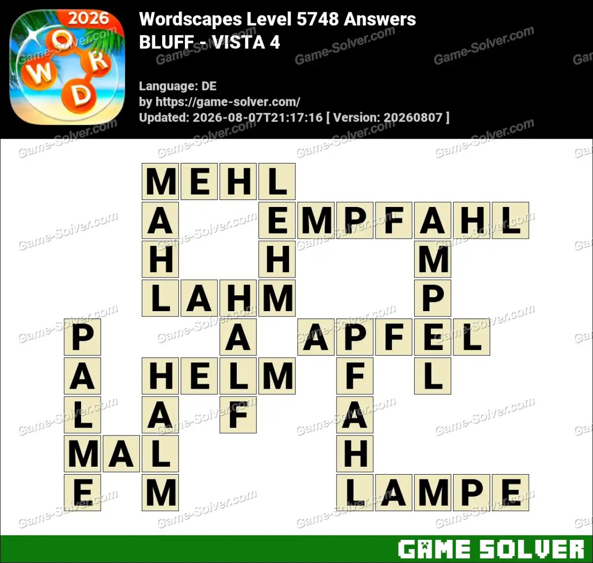 Wordscapes Deutsche Level 5748 Answers — BLUFF - VISTA 4